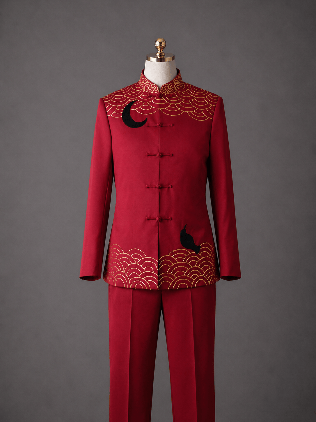 Bespoke red silk Tang suit with gold sea wave embroidery and black bird motif, full set with trousers, custom made to measure at JINZA Los Angeles
