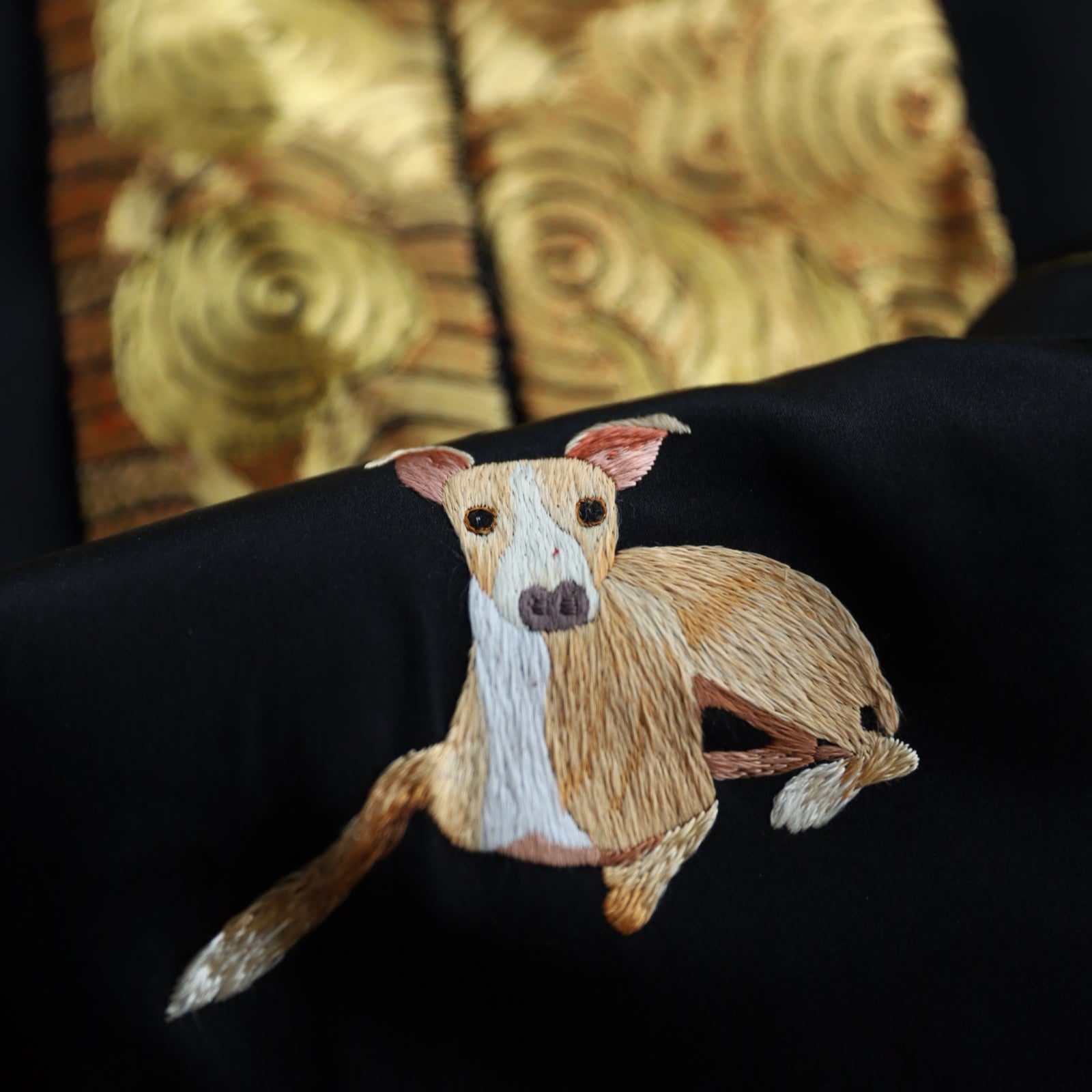 Black silk Tang suit with gold generation belt and custom embroidered family pet dog for real groom Tony T.