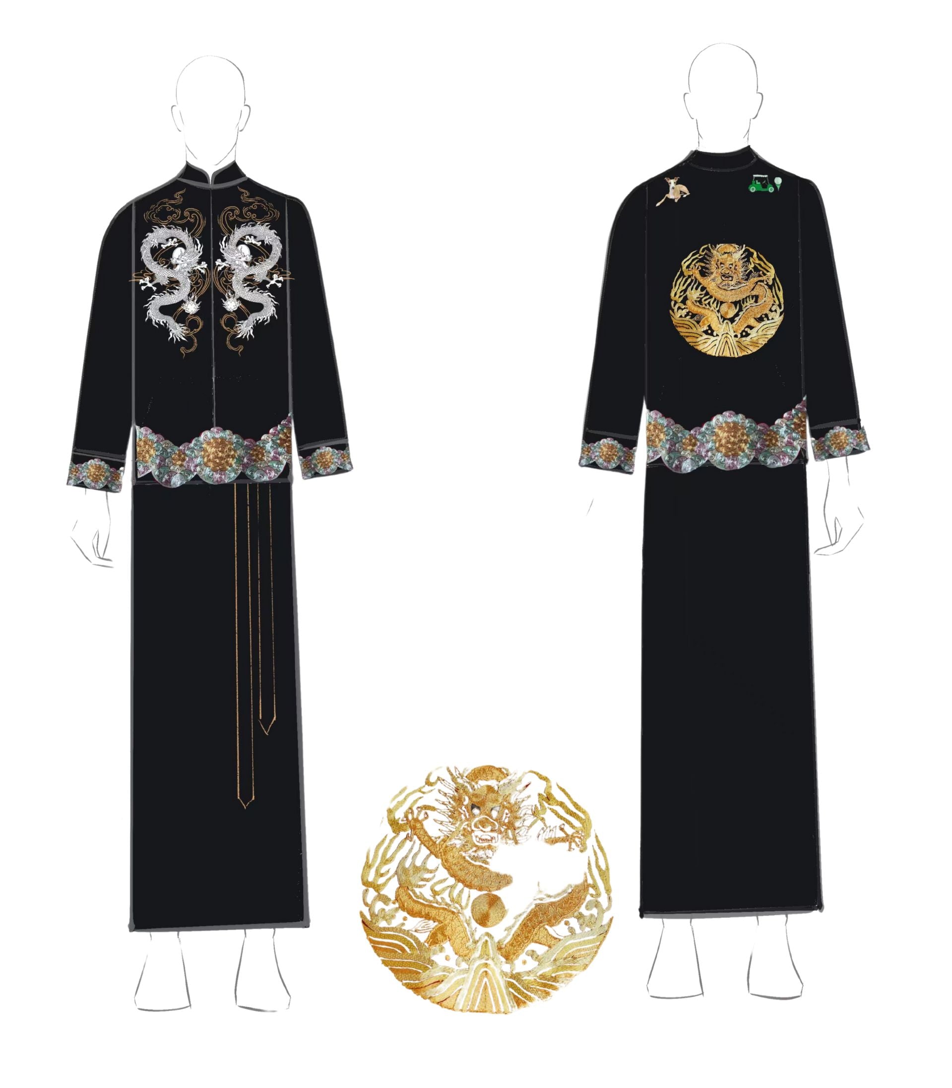 Sketch of black Tang suit with three dragons embroidered, skirt, and generation belt for groom’s wedding attire.
