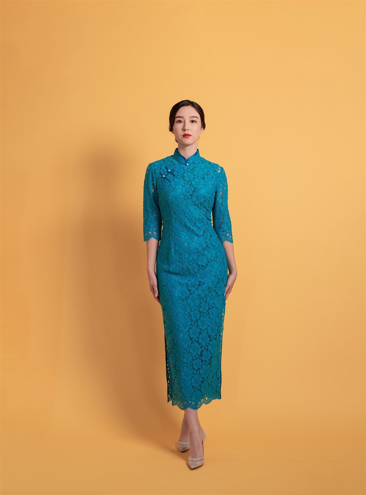 Blue lace Cheongsam dress with 3/4 sleeves and silk slip lining, front view