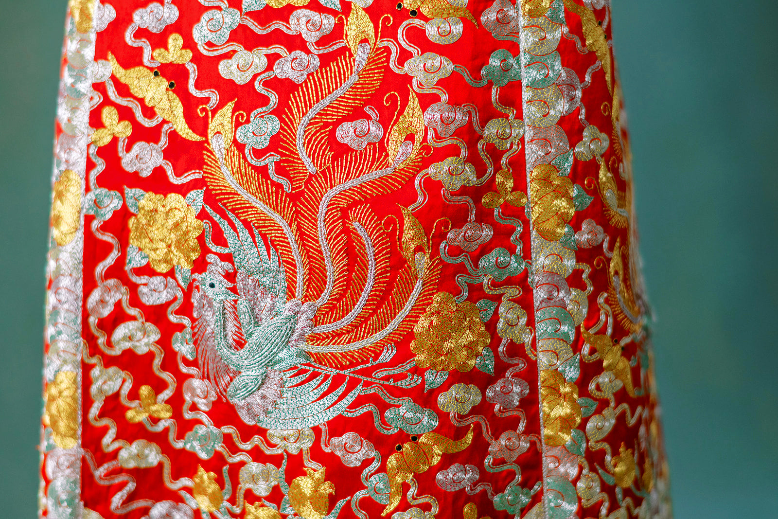 Contact us page banner chinese red wedding dress Qun Kwa phoenix embroidery details