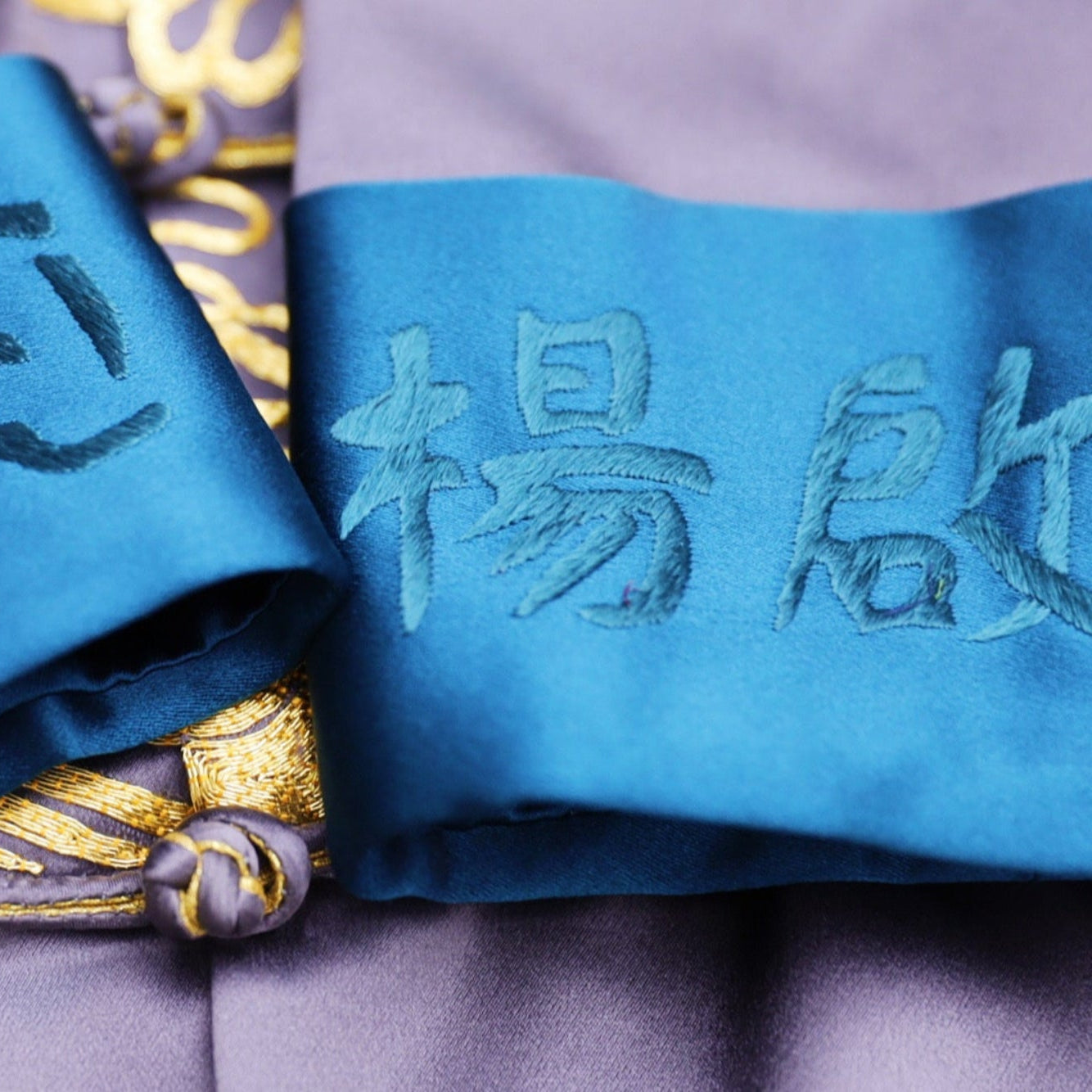 real groom embroidered his chinese name on his custom grey tang suit