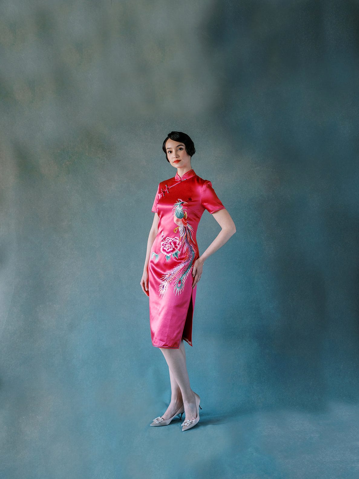 Fuchsia Silk Qipao with Phoenix & Peony Embroidery