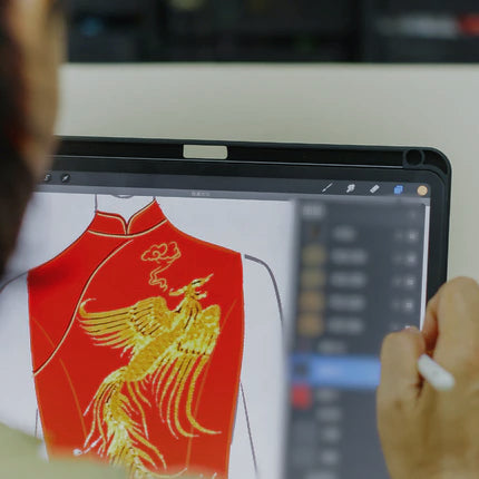 Bride and designer during consultation for a custom Chinese wedding dress or Qipao by JINZA.