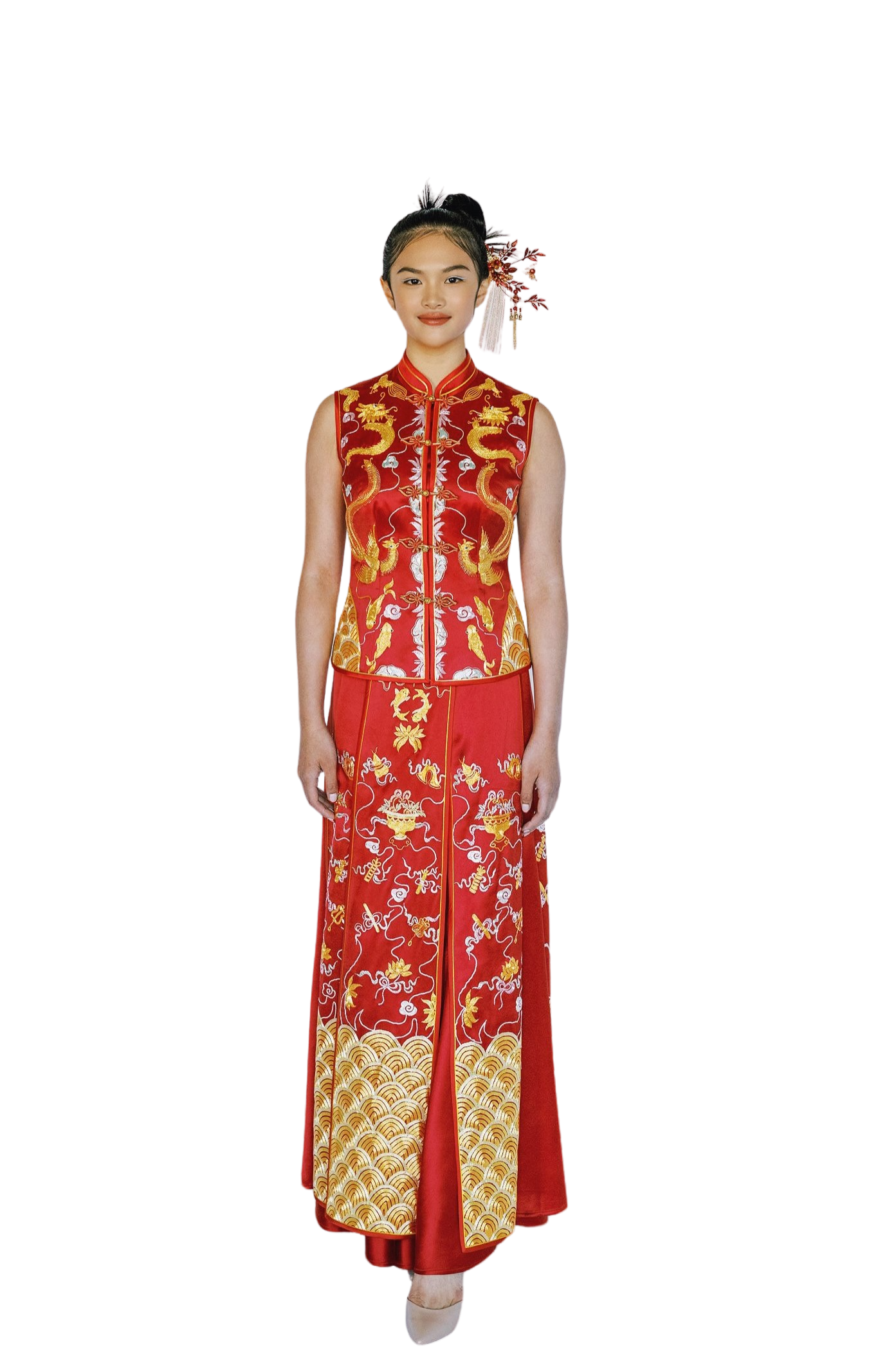 Traditional Chinese Wedding Dress, Qun Kwa, Tea Ceremony, Golden Sequins  Bridal Dress,top and Skirt 2 Piece Tang Wedding Suit 