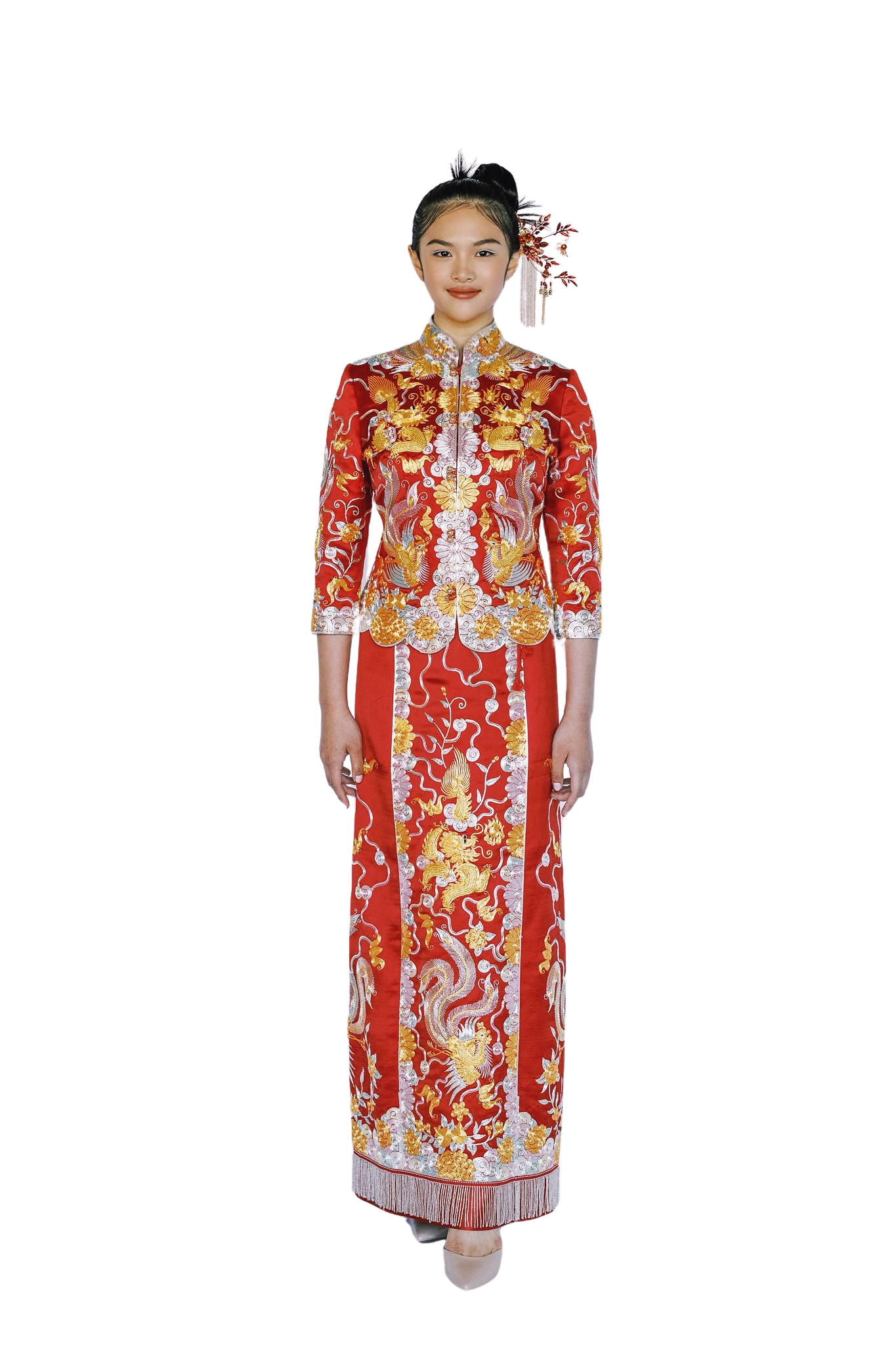 Chinese Tea Ceremony Dress Qun Kwa with Hand Embroidered Gold