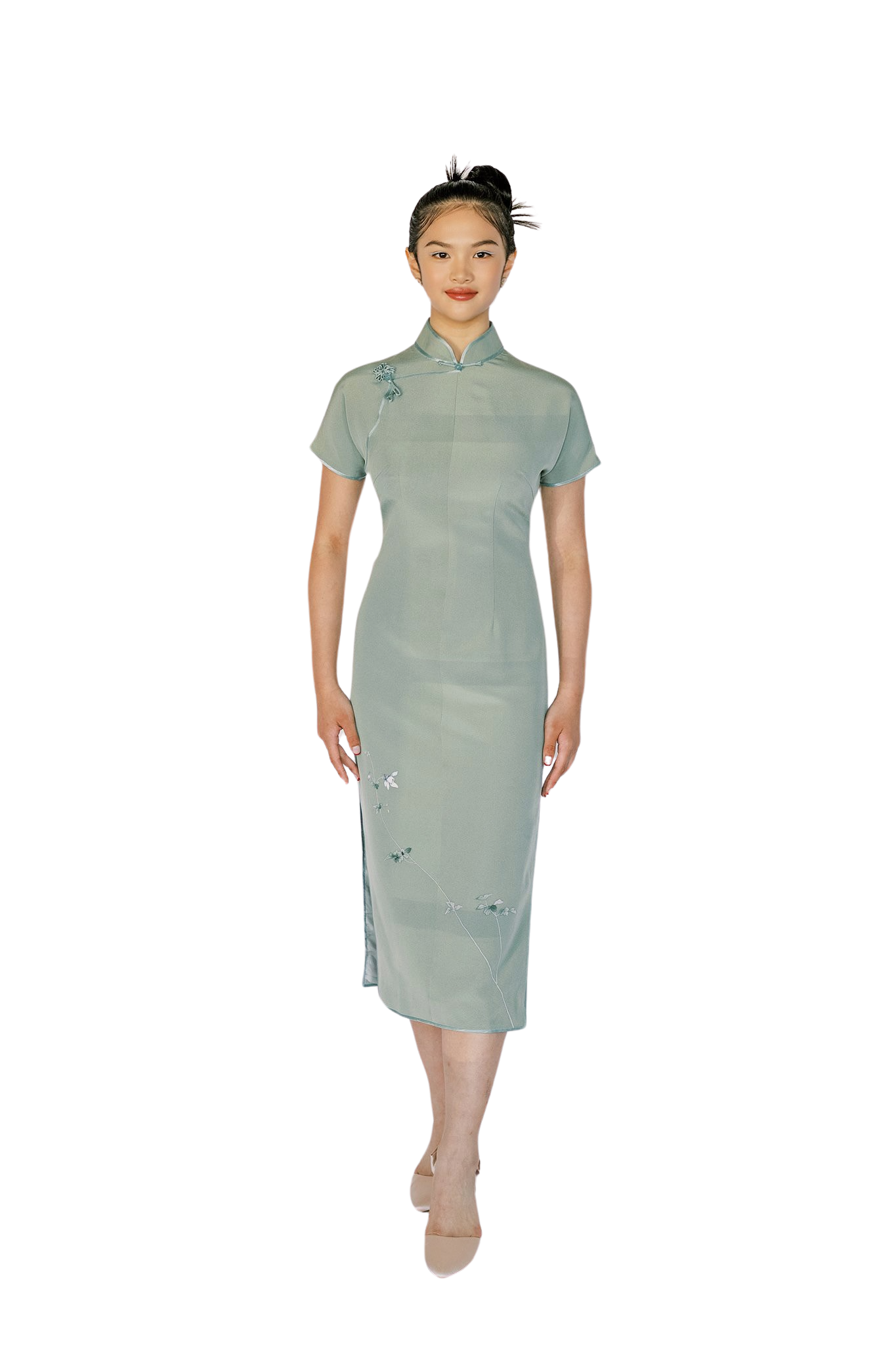 Traditional Cheongsam Green Japanese Narcissus Silk Qipao Dress