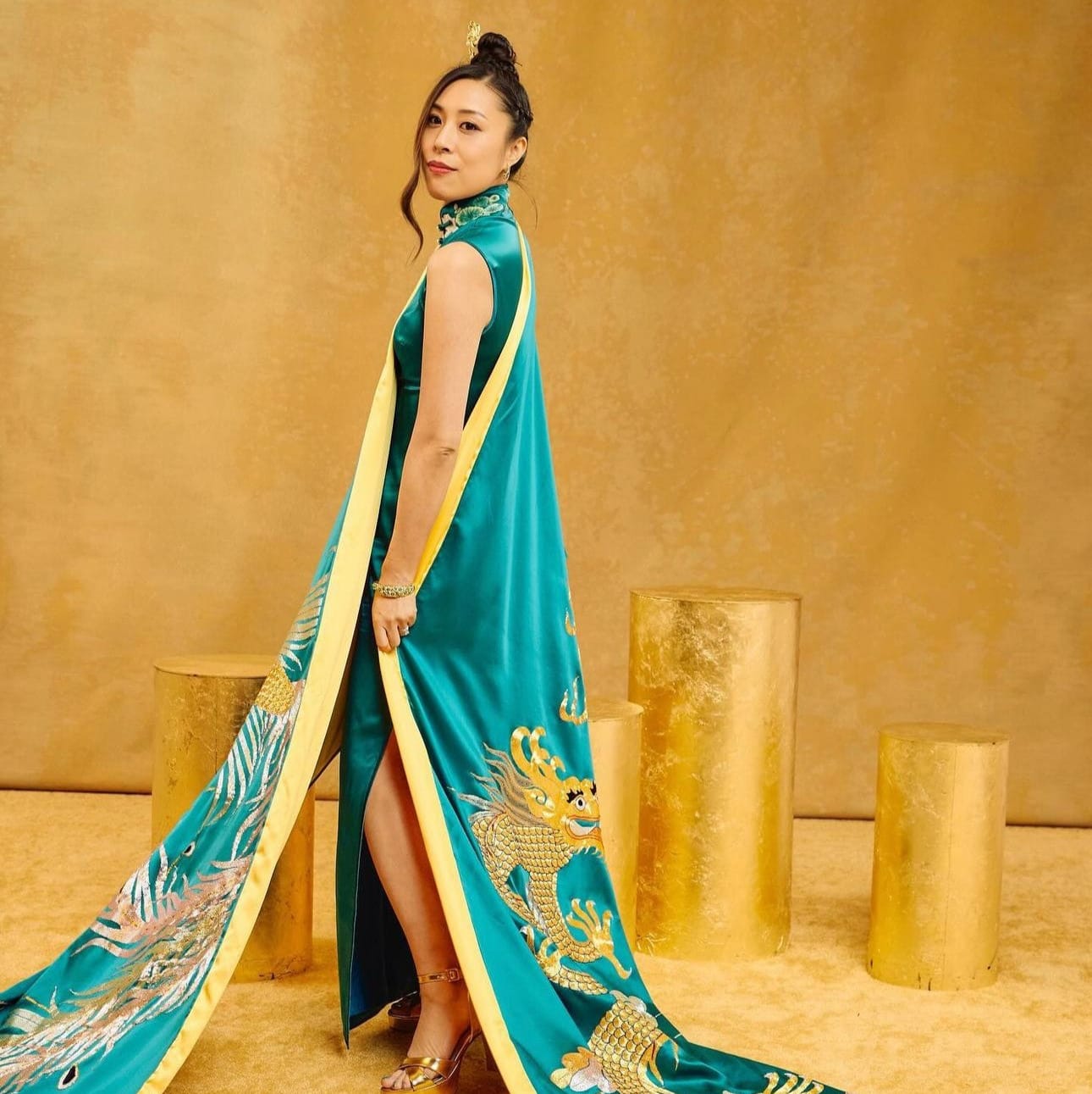 Katie Soo, Chair of Asia Society Southern California, wearing a custom modern Qipao at the Gold Gala