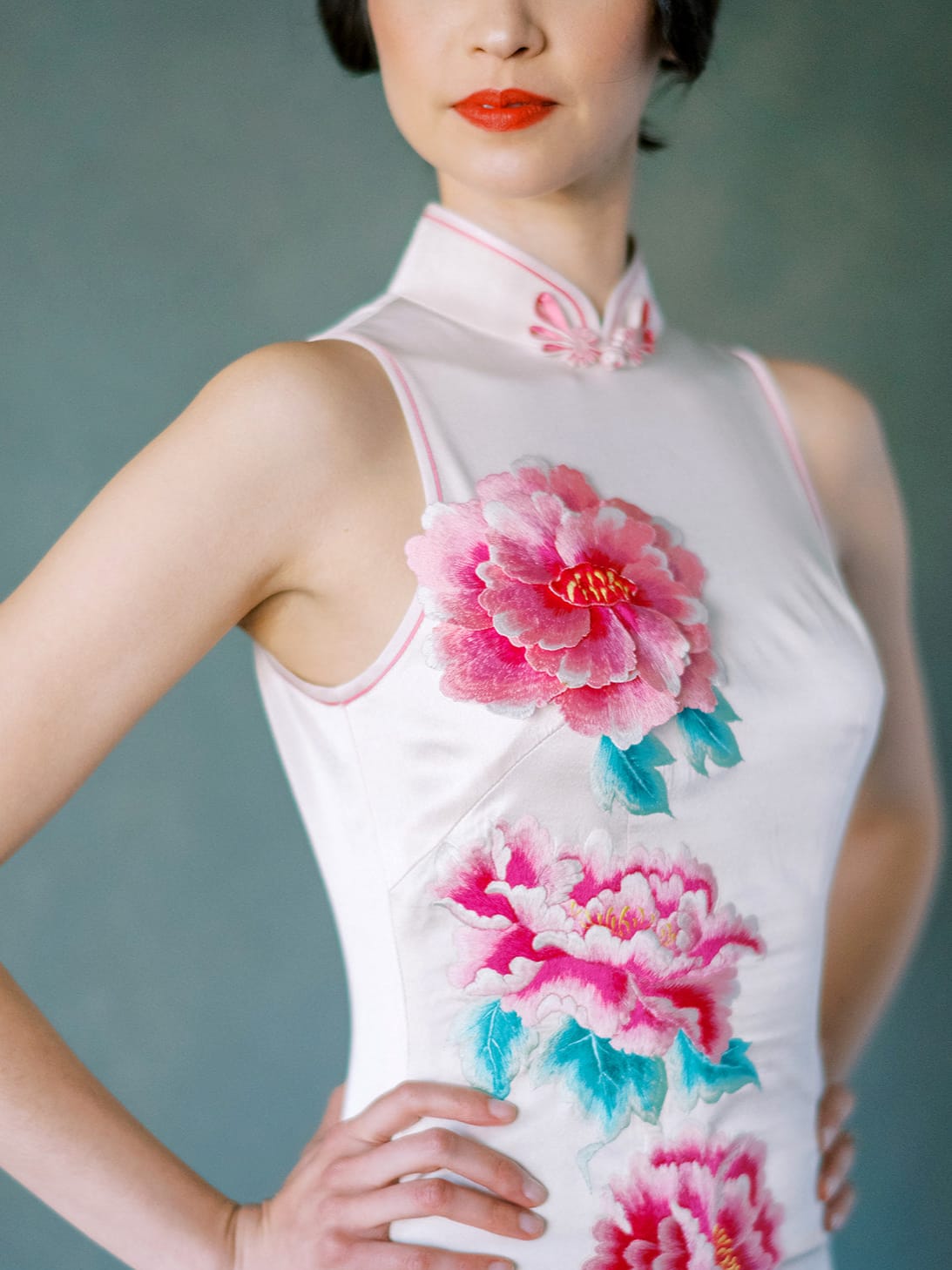 Modern Cheongsam dress with 3-D peony embroidery on white silk