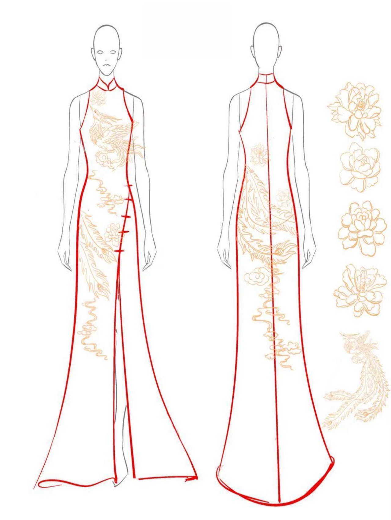 Sketch of modern halter Qipao wedding dress with phoenix and peony embroidery.