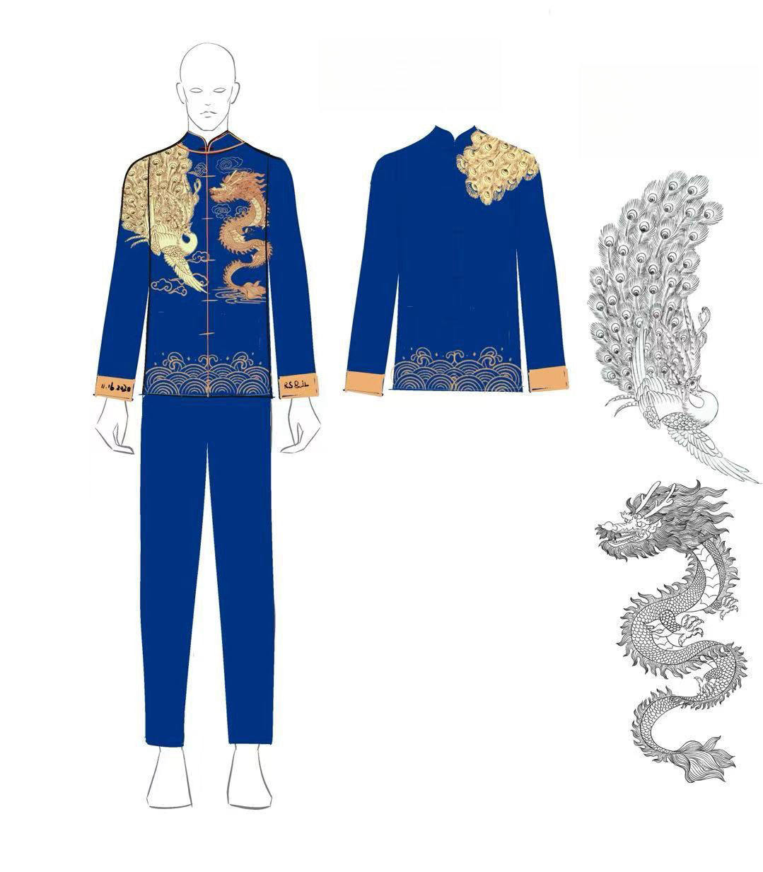 Sketch of navy blue Tang suit with dragon embroidery, lucky cloud trim, and gold cuff initials.