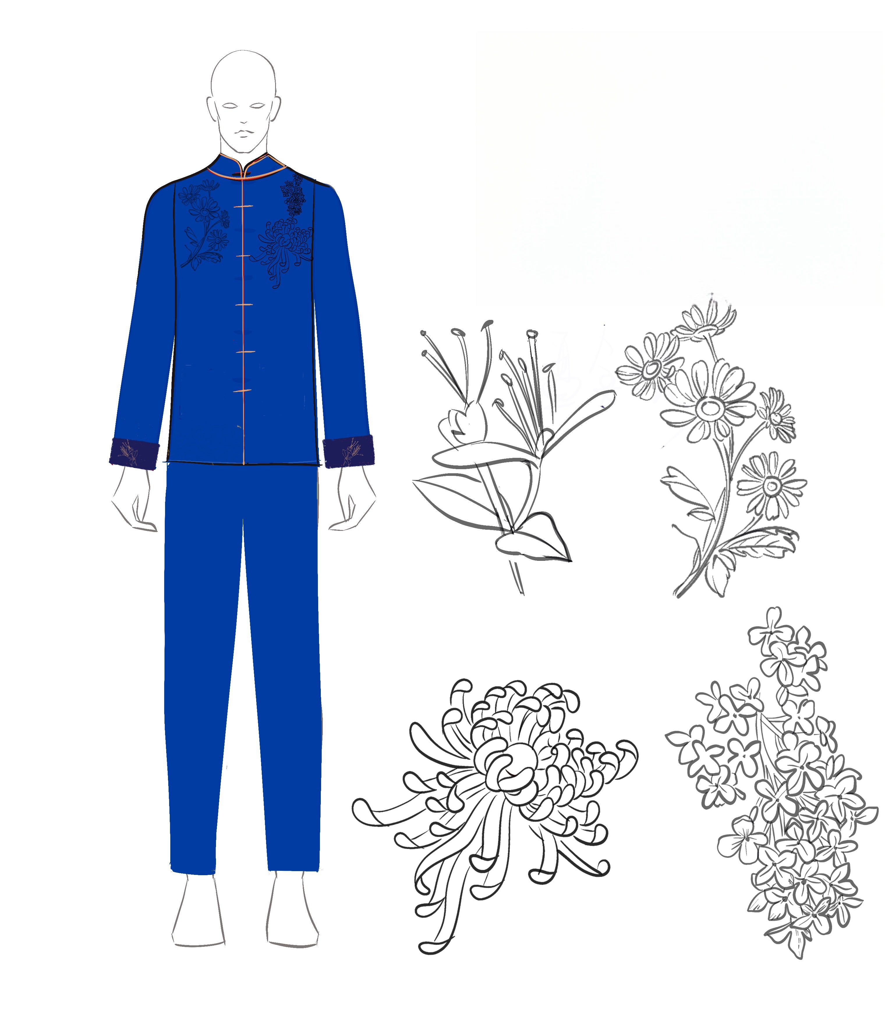 Sketch of navy Tang suit with chrysanthemum, hydrangea, and small chrysanthemum floral embroidery.