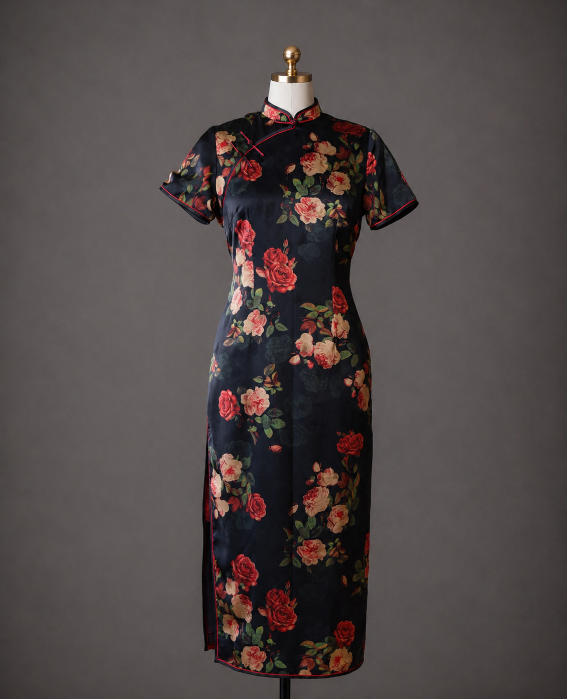 Ready to wear black mulberry silk Qipao with red and blush rose print and red piping — fitted cap sleeve Shanghai 1920s style Cheongsam by JINZA Oriental Couture, Los Angeles