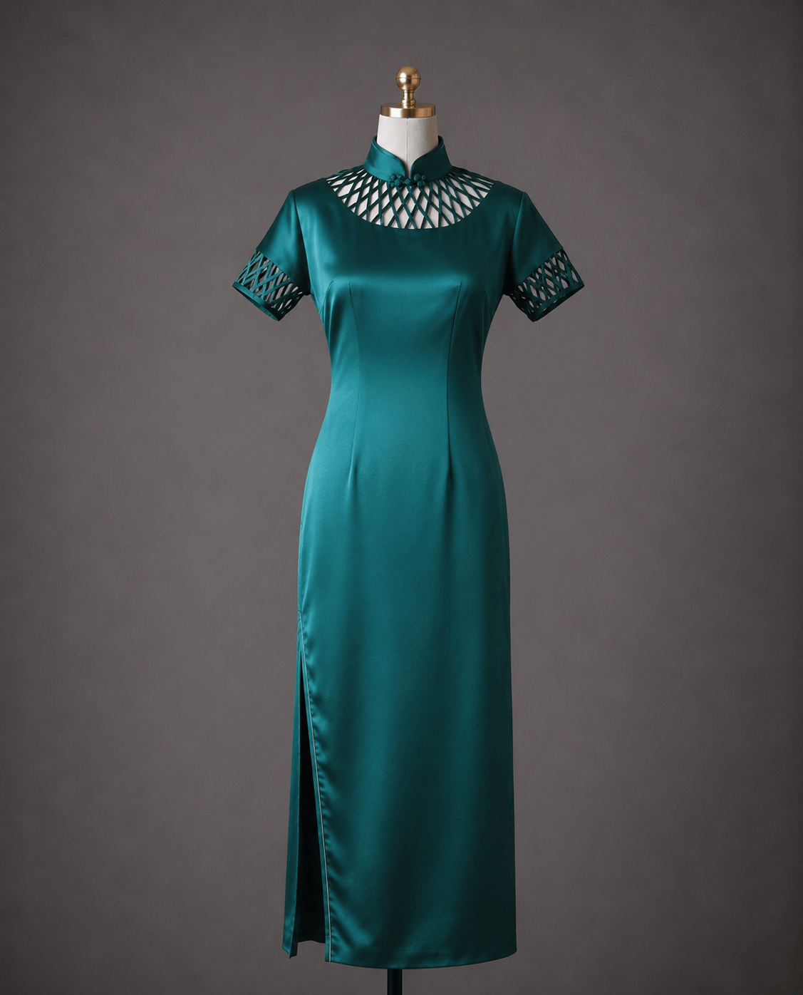 Ready to wear emerald silk charmeuse fitted Qipao with geometric lattice cutout neckline and sleeves, side slit and concealed zip — modern Cheongsam by JINZA Oriental Couture, Los Angeles