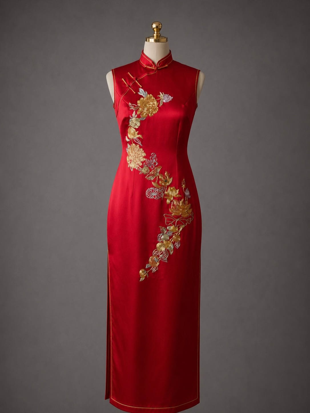 Ready-to-wear red silk sleeveless Qipao with gold peony and lotus hand embroidery, mandarin collar, available at JINZA Los Angeles