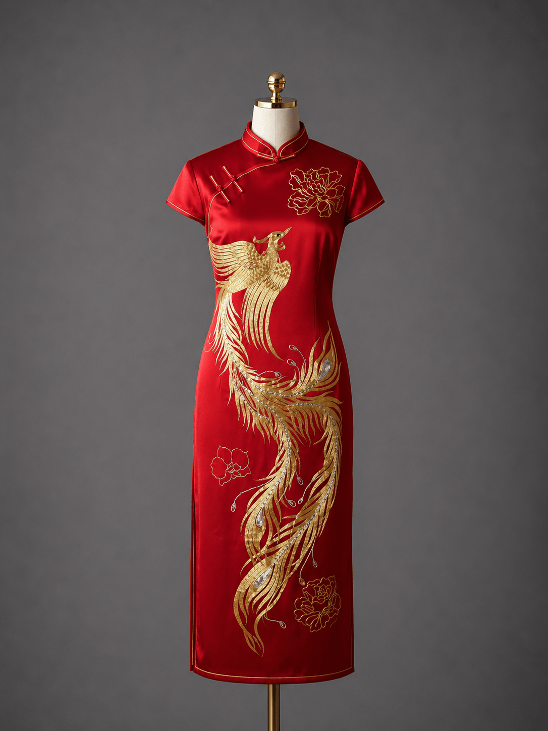 Ready-to-wear red silk Qipao with gold phoenix and peony hand embroidery, short sleeve mandarin collar, available at JINZA Los Angeles