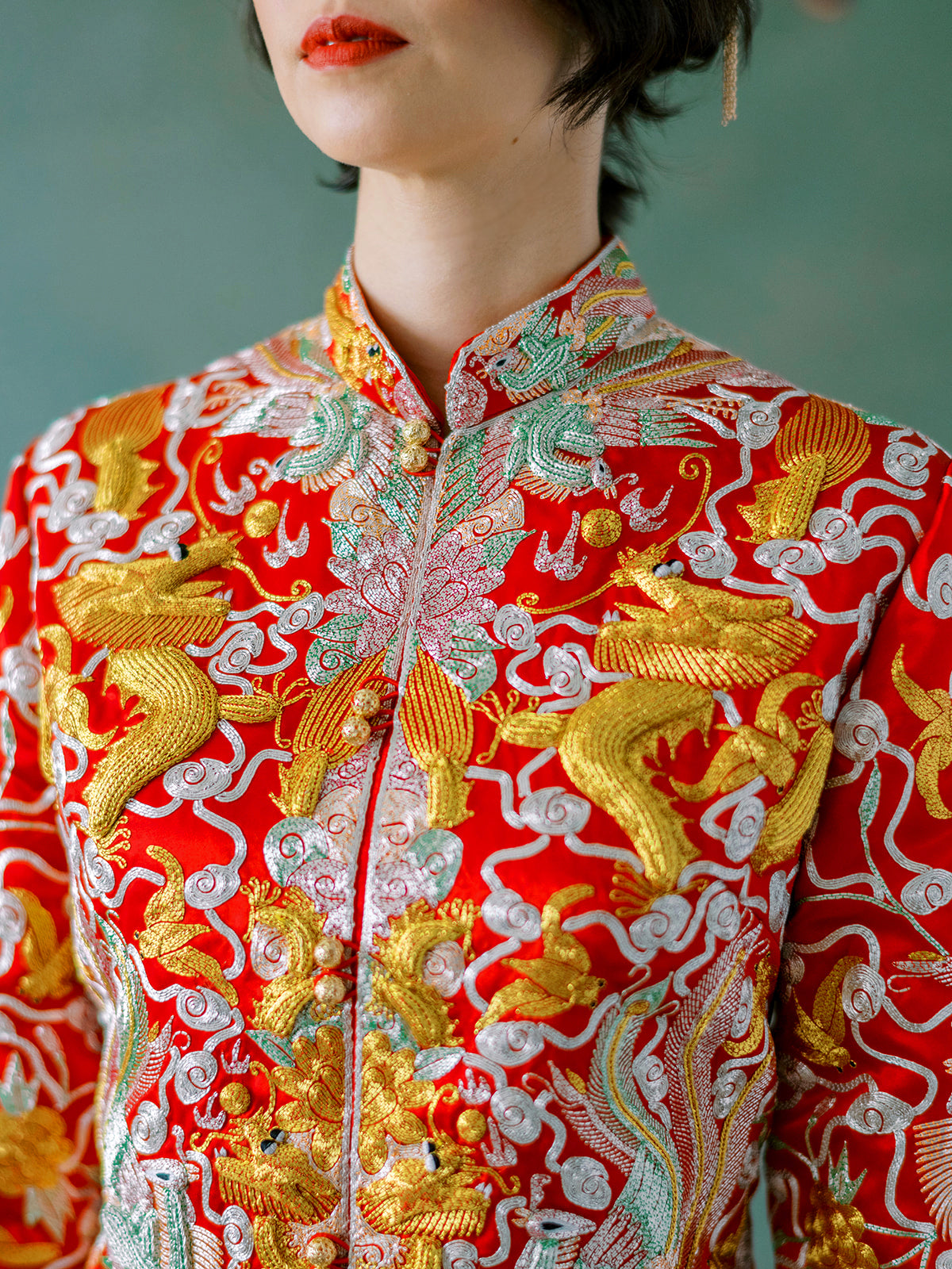 red silk Chinese wedding dress with dragon and phoenix embroidery