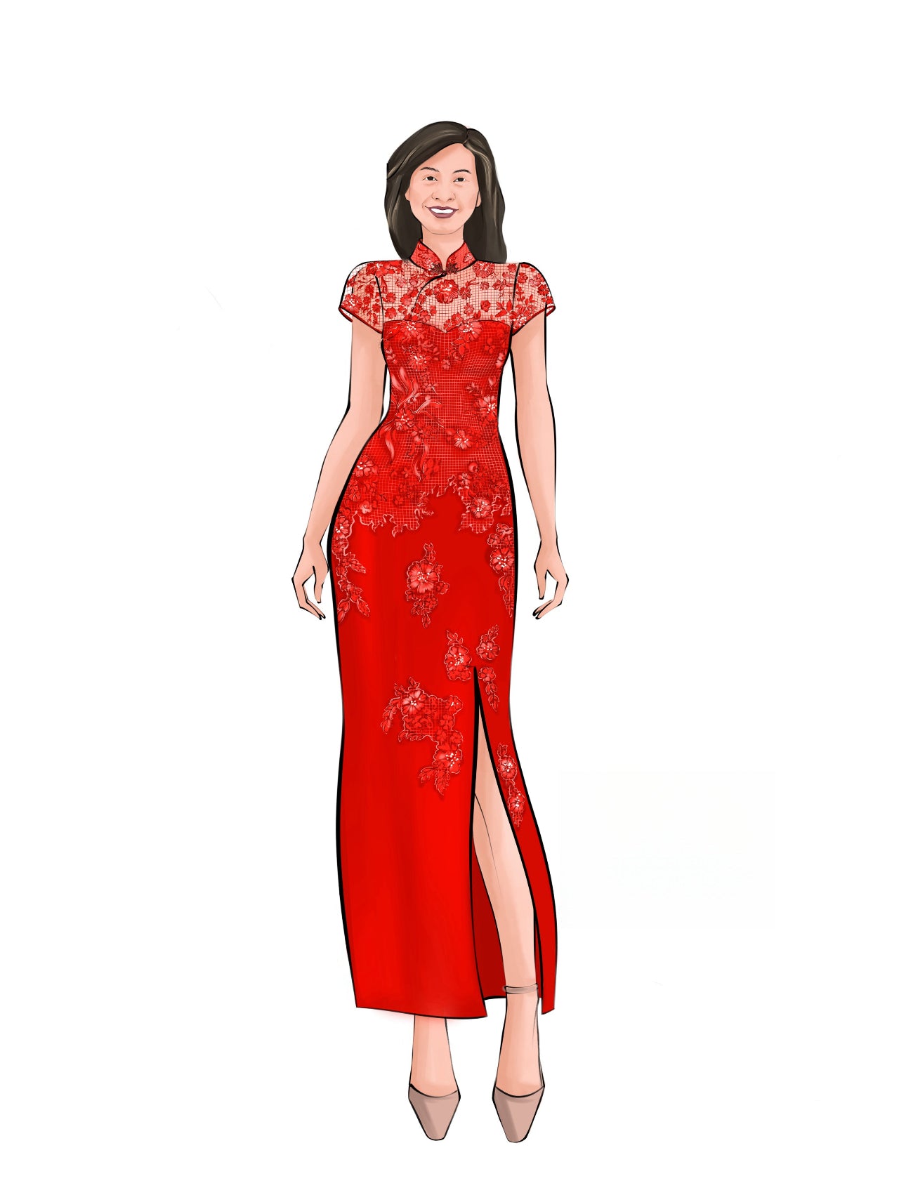 Sketch of red lace silk Chinese wedding Qipao with front slit and cap lace sleeves.
