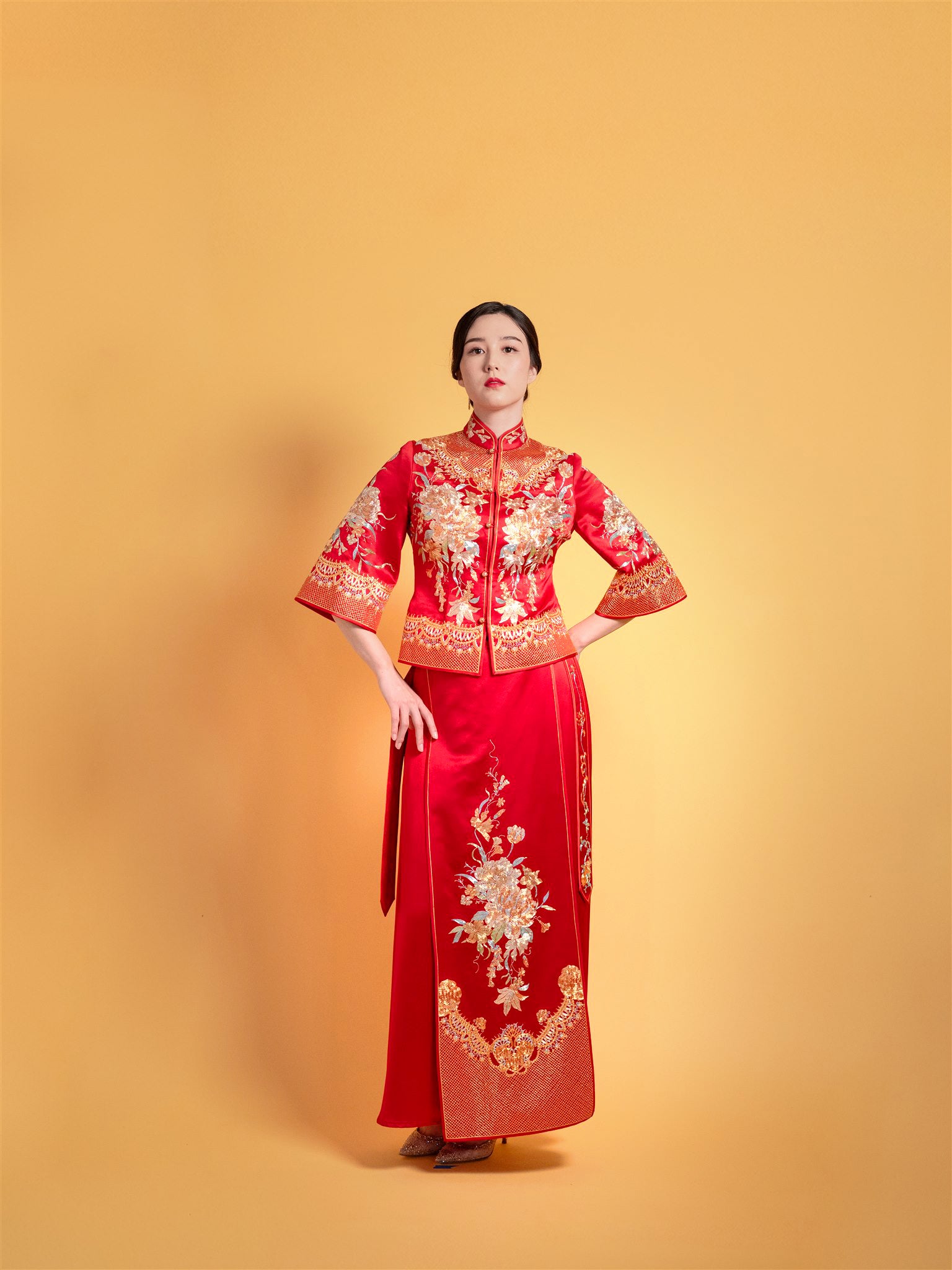 Red Peony Xiu He Fu wedding dress with flared sleeves – front view