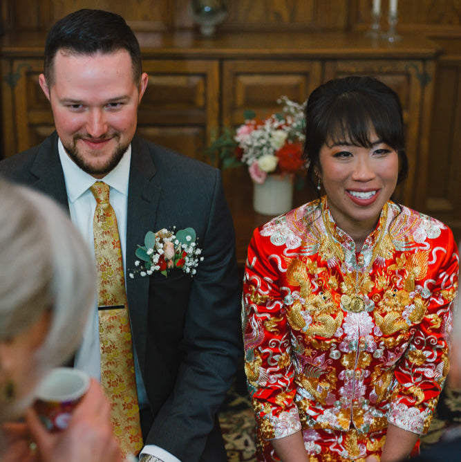 Loretta in custom red Qun Kwa at her Hong Kong heritage tea ceremony