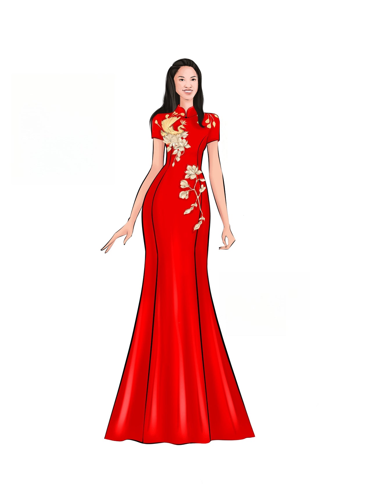 Sketch of red silk fitted-flare Qipao with phoenix and orchid embroidery.