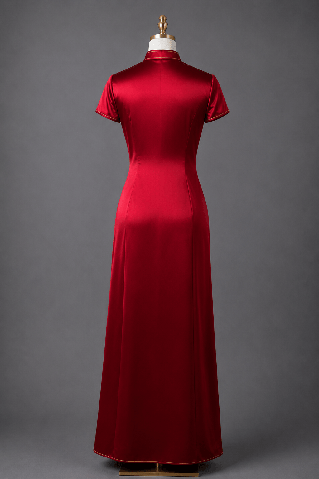 Red silk Qipao with gold piping and plain back, back view