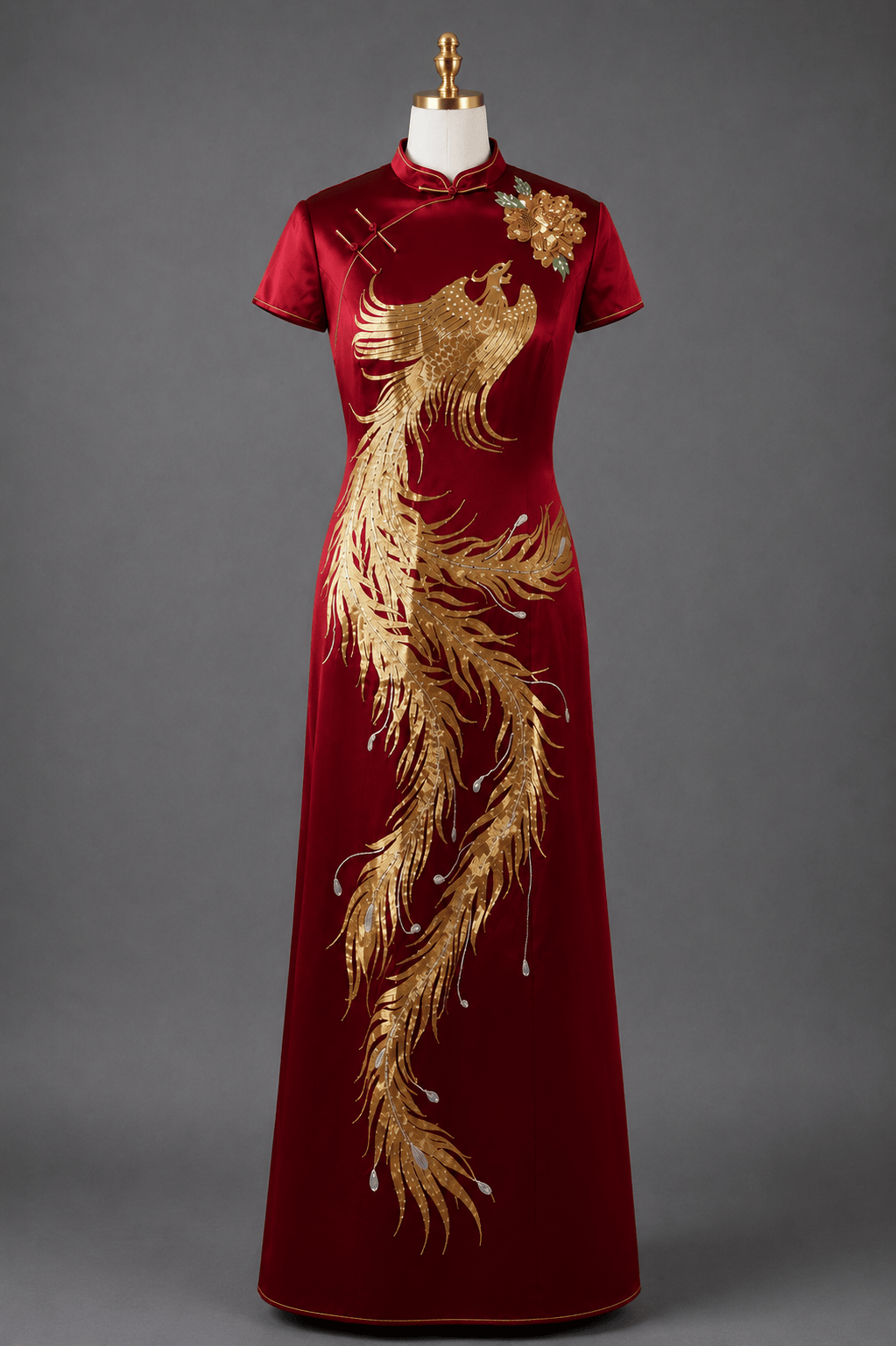 Red silk Qipao with gold hand-embroidered phoenix and peony, front view