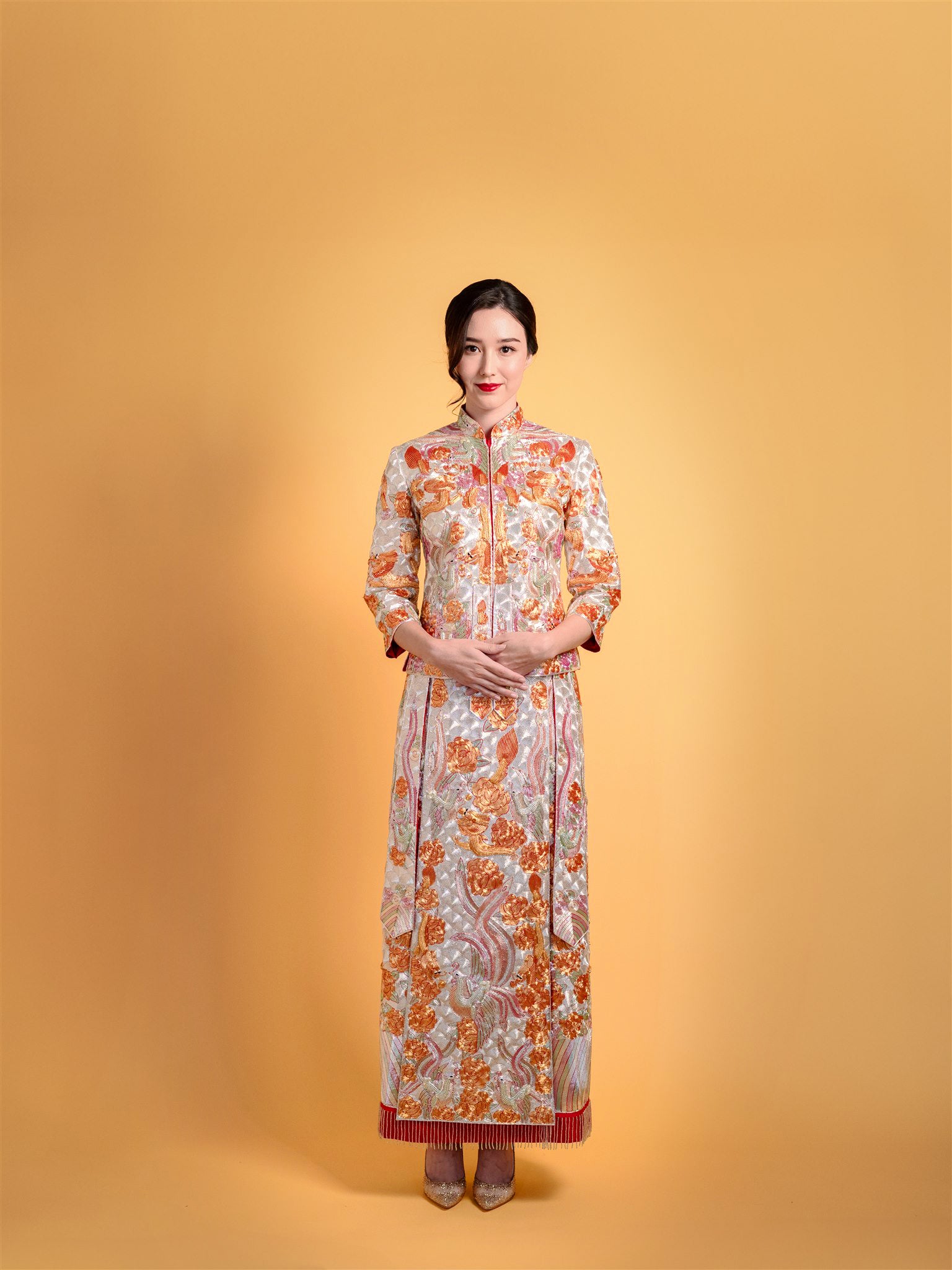 silver Chinese wedding dress with 100% hand embroidery, front view