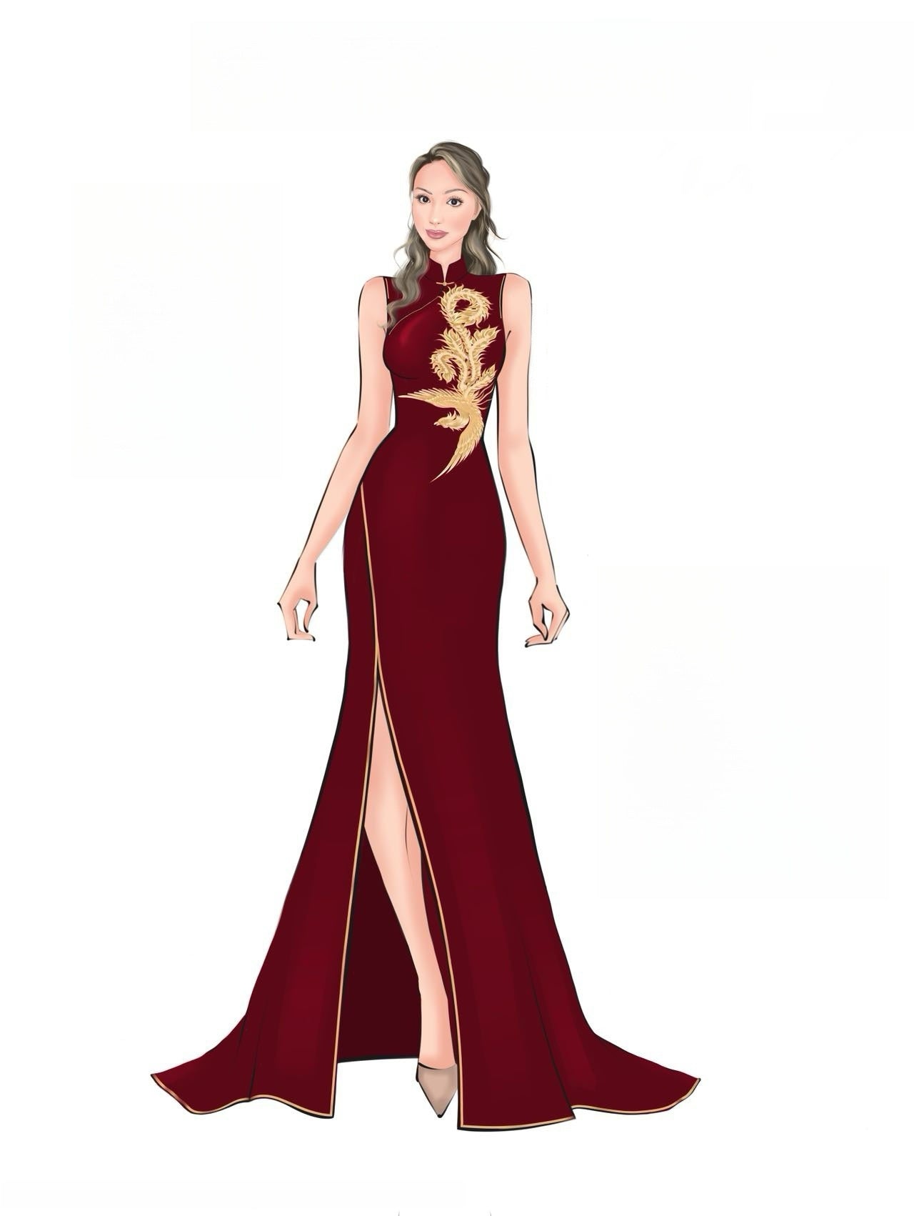 Sketch of wine red mermaid Chinese wedding Qipao with gold phoenix embroidery and chapel train.