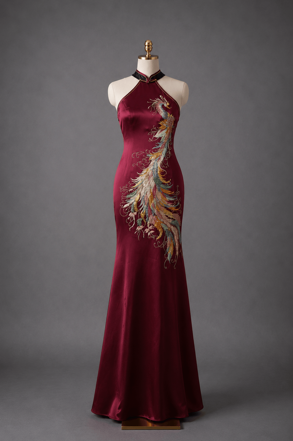 Wine red phoenix mermaid Qipao with halter neckline and hand embroidery