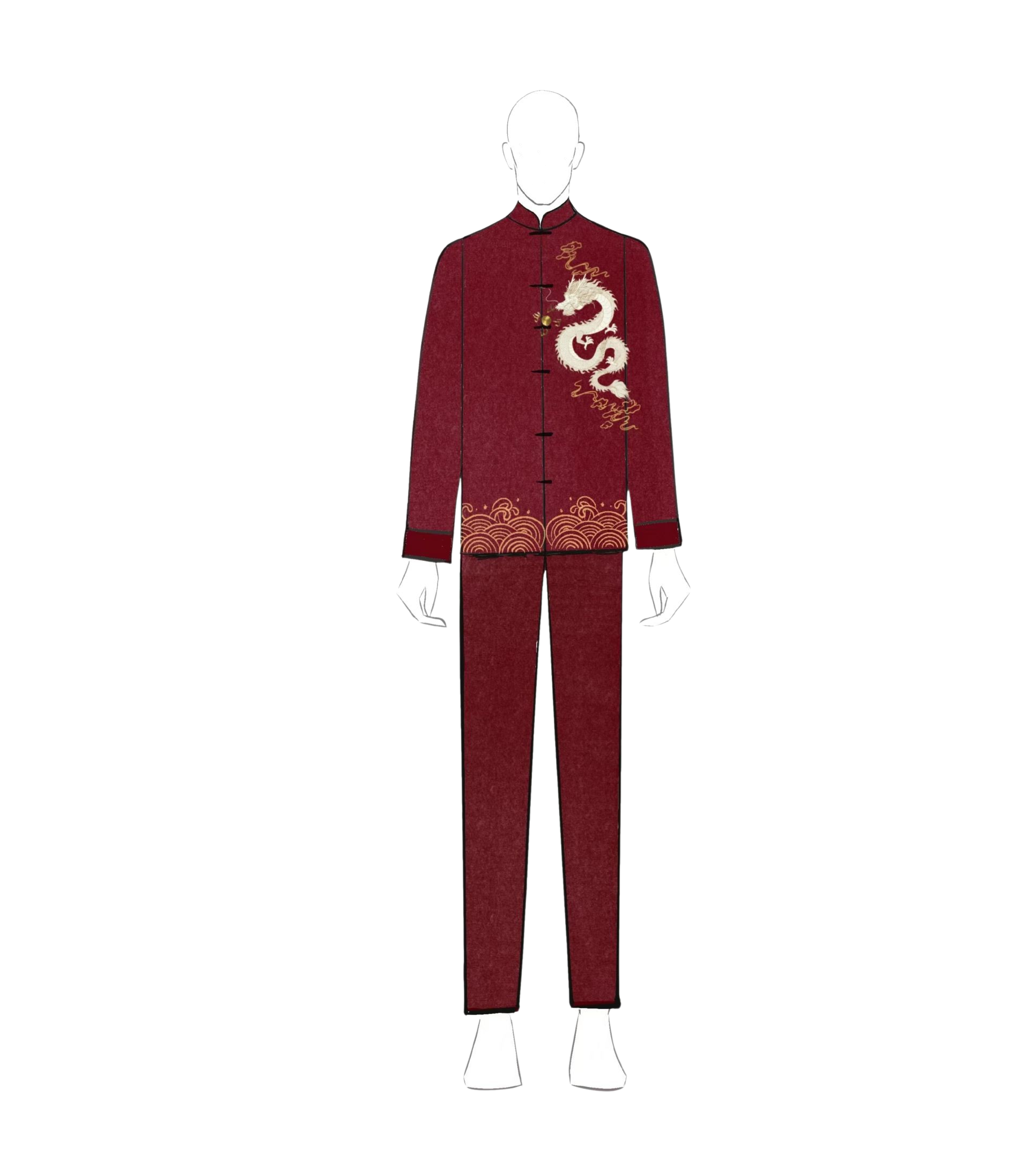 Sketch of wine red Tang suit with dragon embroidery and tailored pants for groom’s custom order.