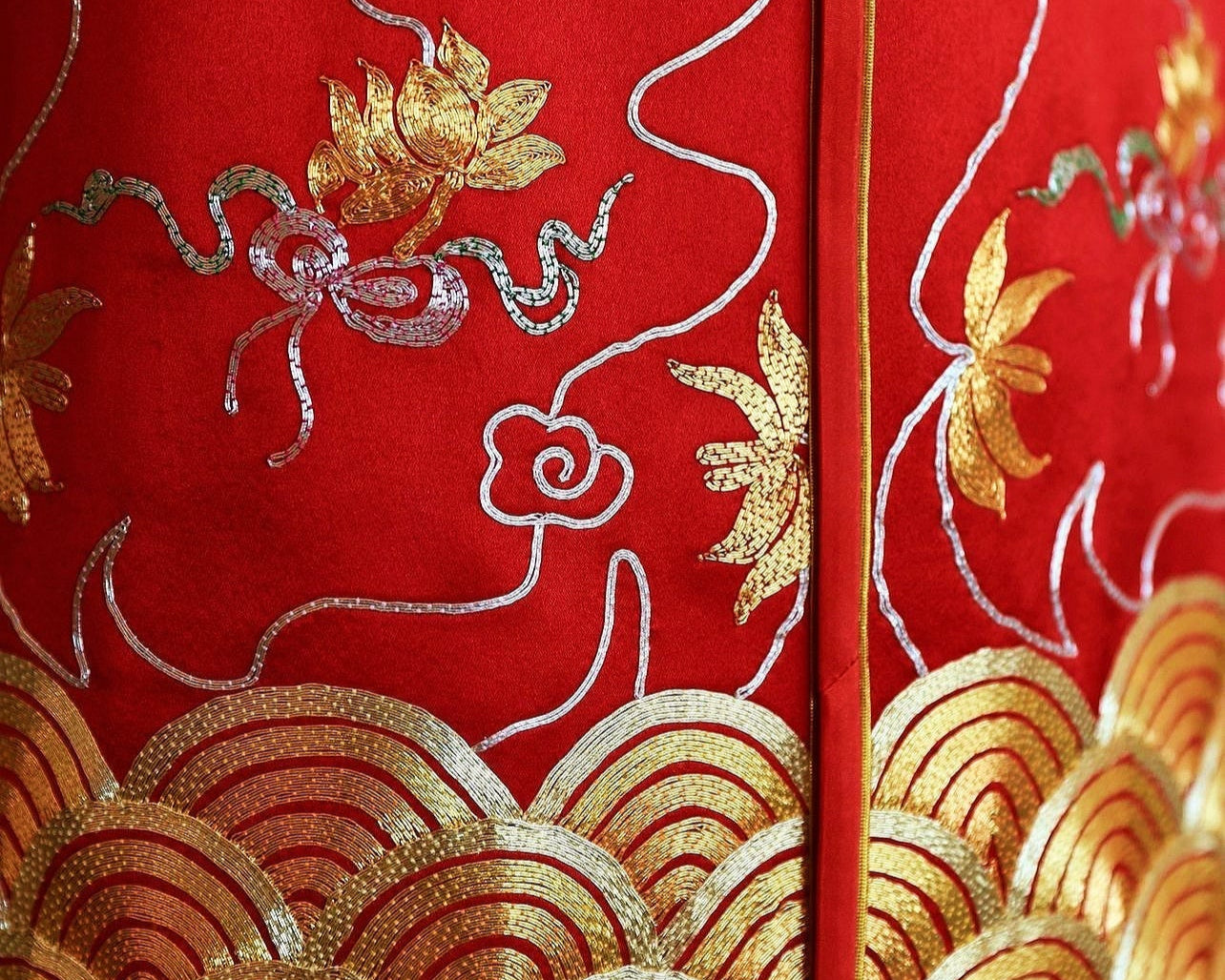 Xiu He Fu skirt details with lotus and cloud embroidery details