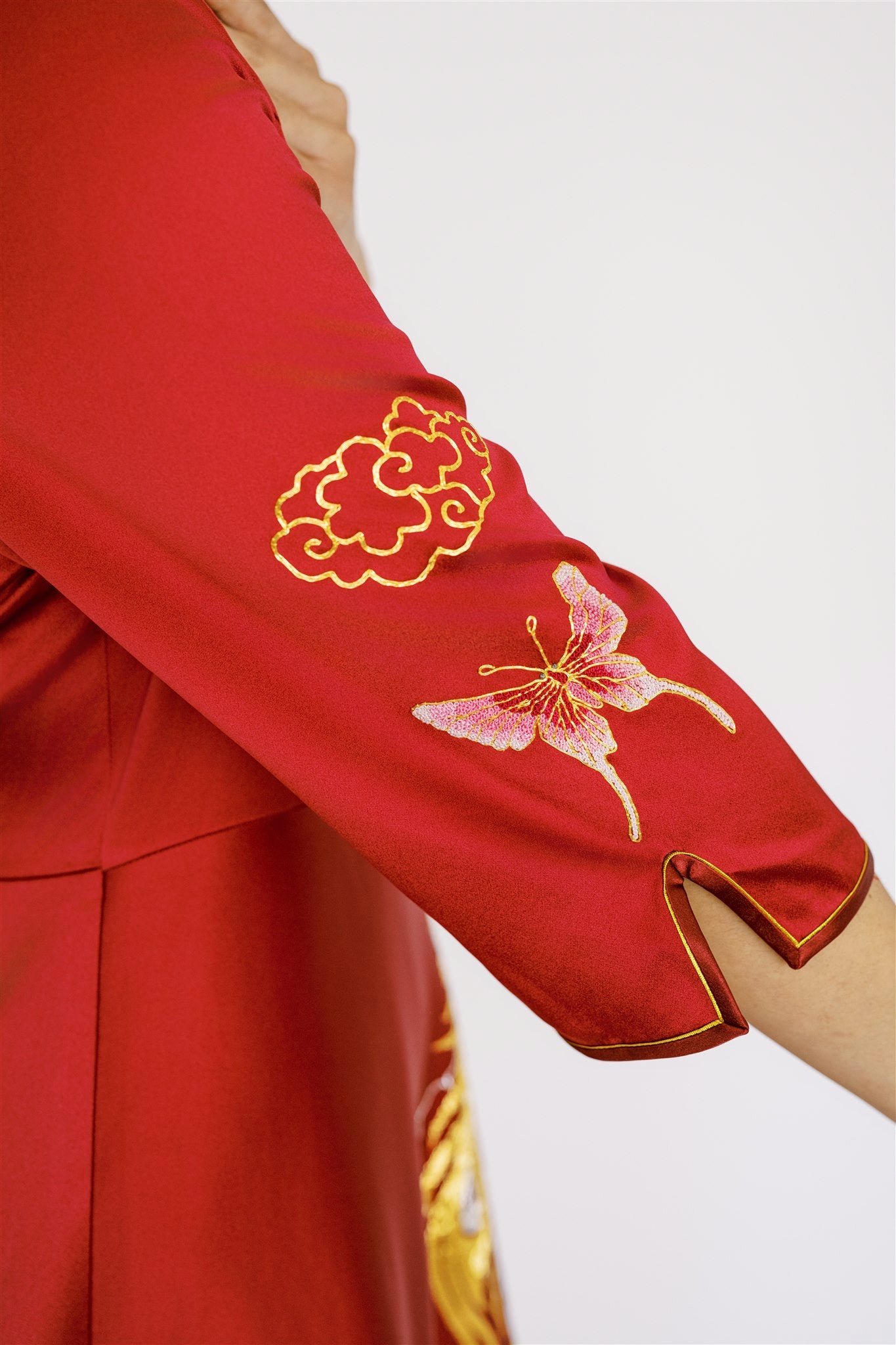 A-line wedding qipao 3/4 sleeves with butterfly embroidery