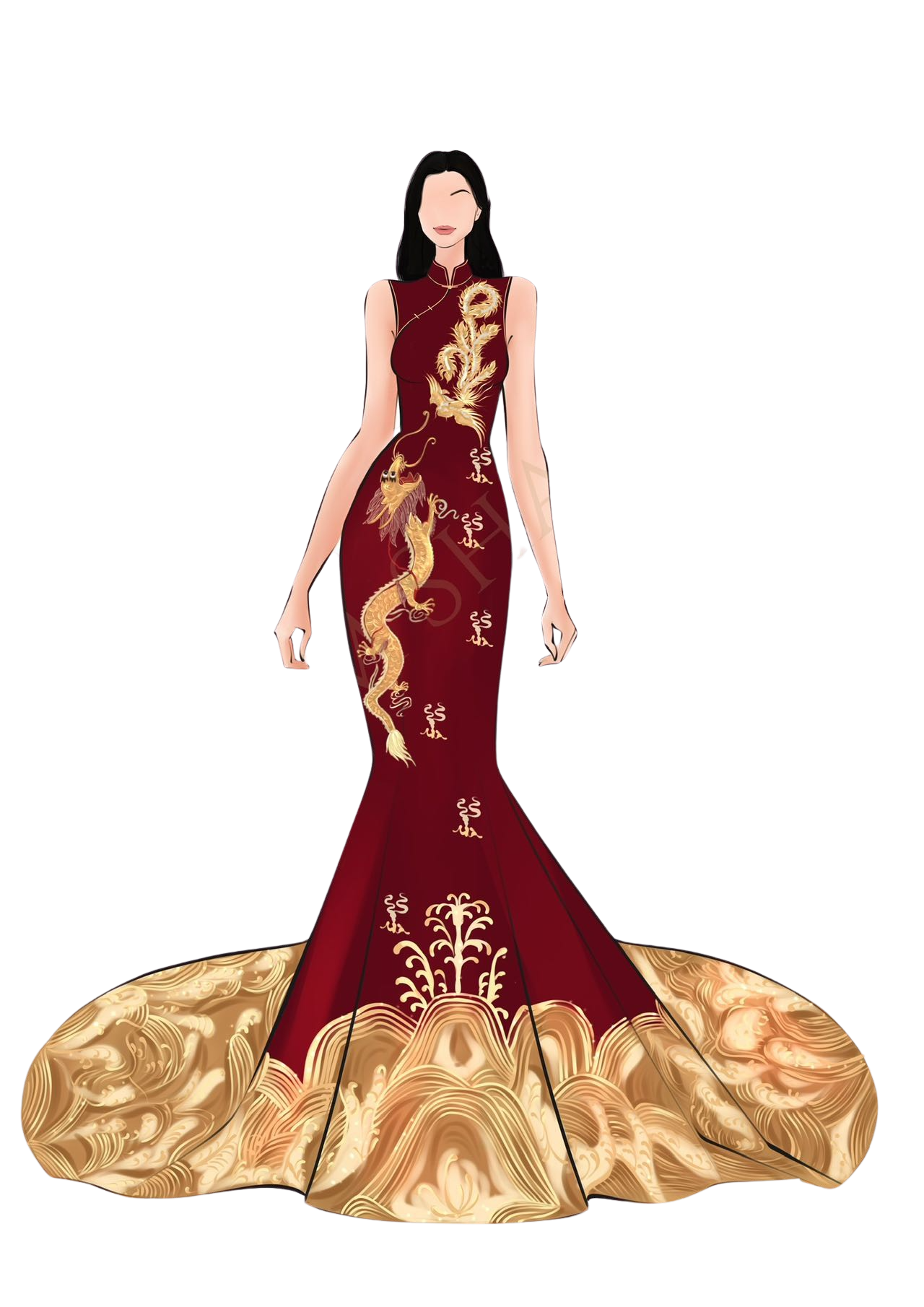 A sketch of a bespoke modern Cheongsam for wedding, featuring gold phoenix, dragon and lucky cloud on the train. 