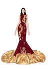 A sketch of a bespoke modern Cheongsam for wedding, featuring gold phoenix, dragon and lucky cloud on the train. 