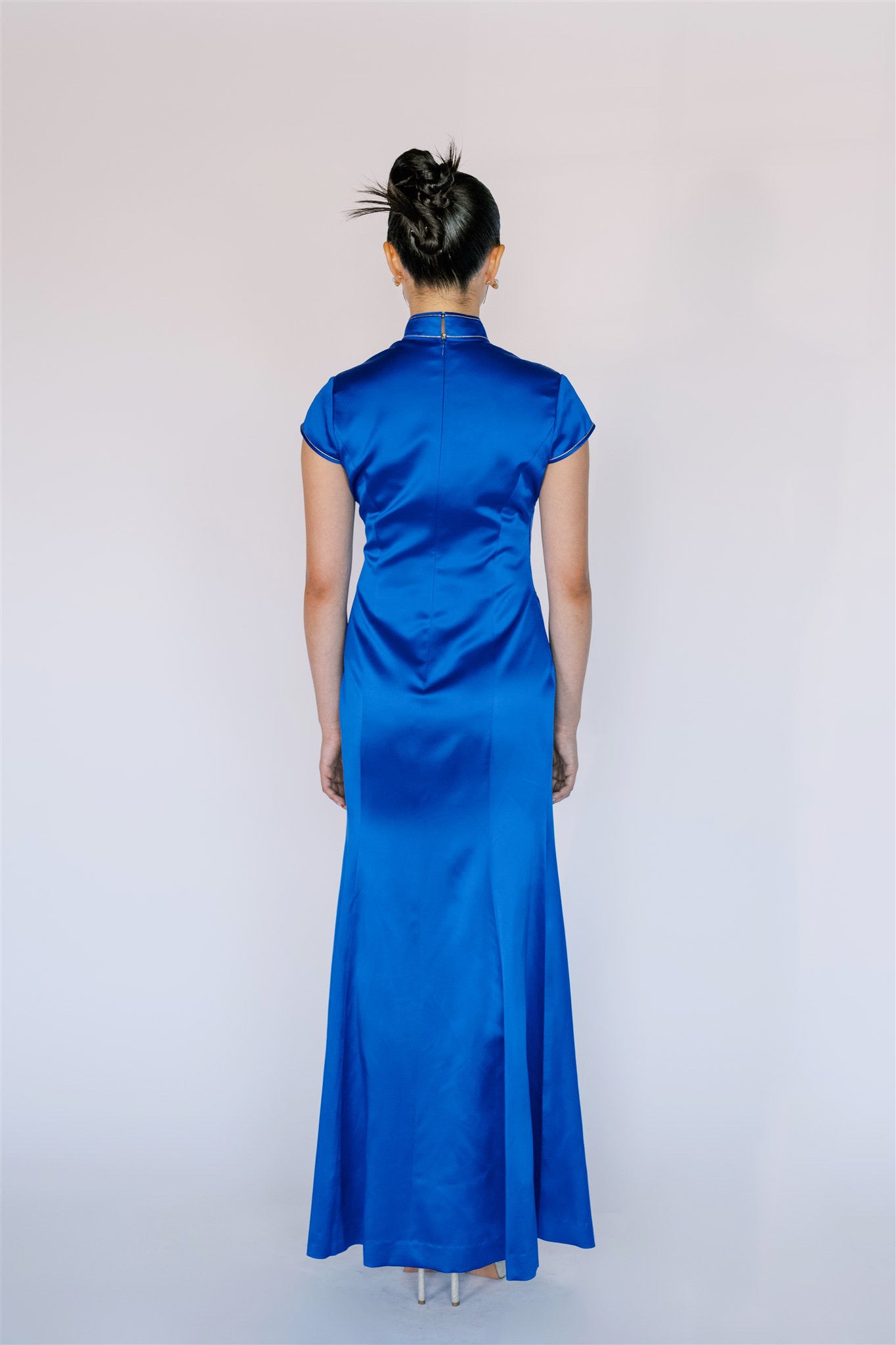 Back View – “Dragon Skyline” Blue Silk Mermaid Cheongsam with Flowing Train.