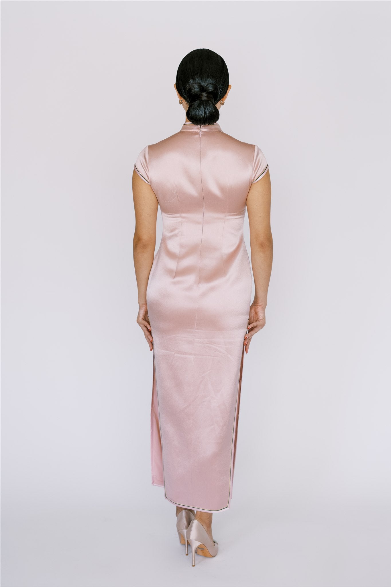 Back View – “Spring Equinox” Pink Wedding Cheongsam with Cap Sleeves.