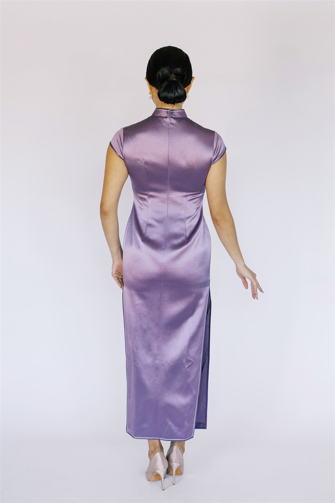 Back View – Classic Purple Cheongsam with Subtle Vernal Equinox Embroidery.