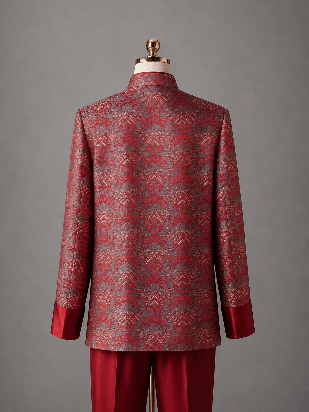 Bespoke Chinese Tang Suit in lucky cloud silk brocade with wine-red cuffs, back view