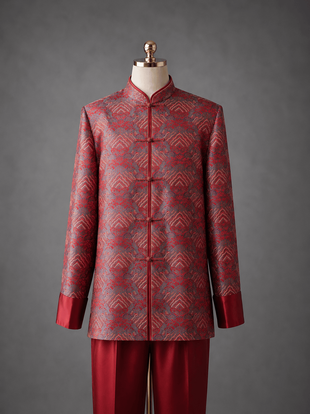 Bespoke Chinese Tang Suit in lucky cloud silk brocade with wine-red cuffs, front view