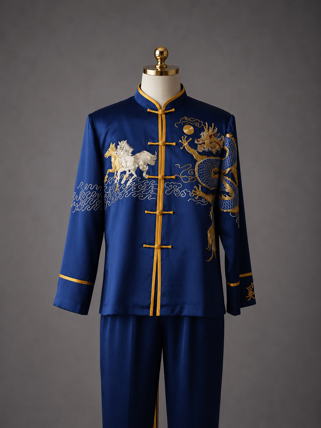 Bespoke navy silk Tang suit with gold dragon and silver horse hand embroidery, family name on cuff, full set with trousers, custom made to measure at JINZA Los Angeles