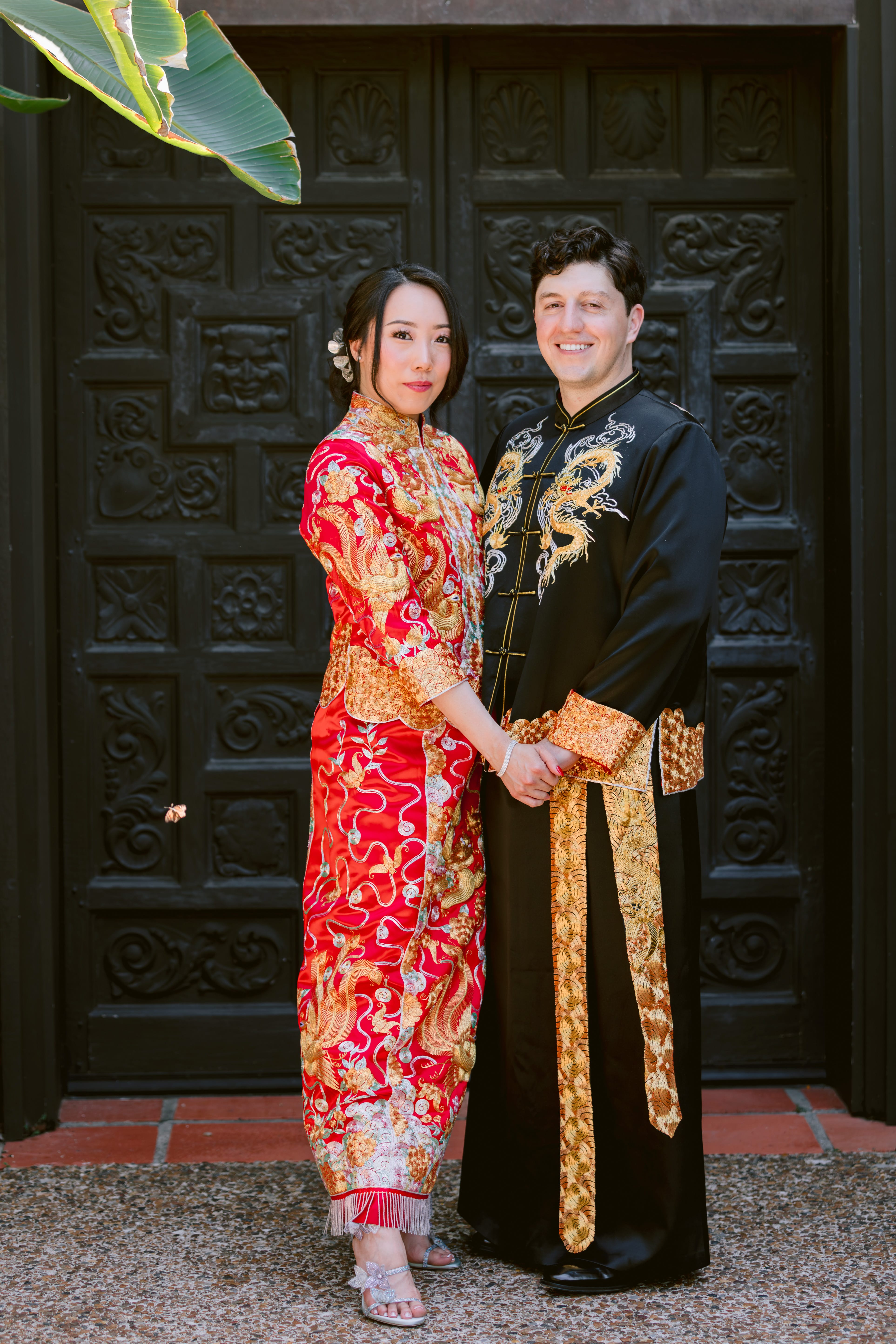 Bride Sherry wearing bespoke red Qipao with custom name embroidery in memory of her mother, made to measure at JINZA Los Angeles
