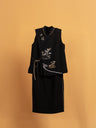 Front view of a black Japanese silk 2-piece set with bamboo hand embroidery, A-line silhouette, sleeveless design, perfect for a comfortable daily look.