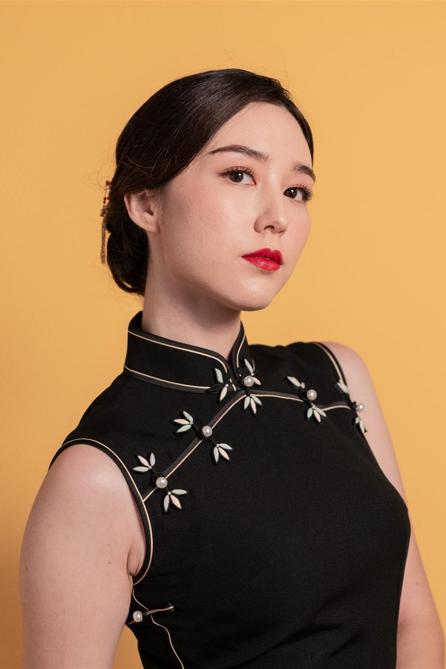 Black Japanese Silk Cheongsam – Gold Mountain Embroidery