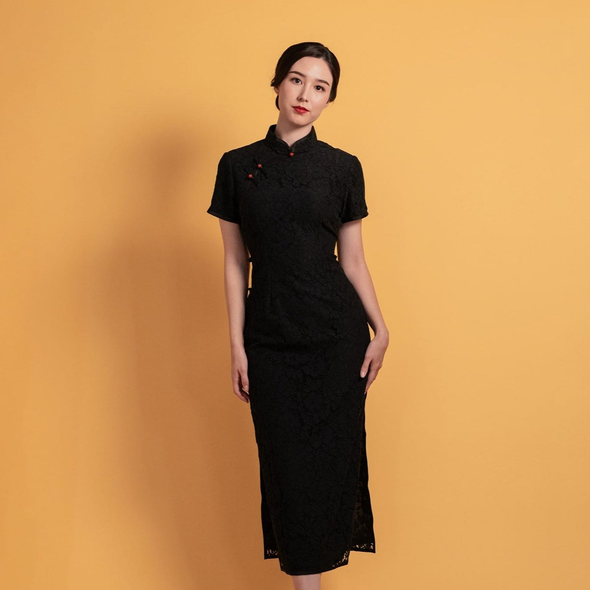 black mandarin collar dress Black Lace Cheongsam – Cap Sleeves with Red Pankou