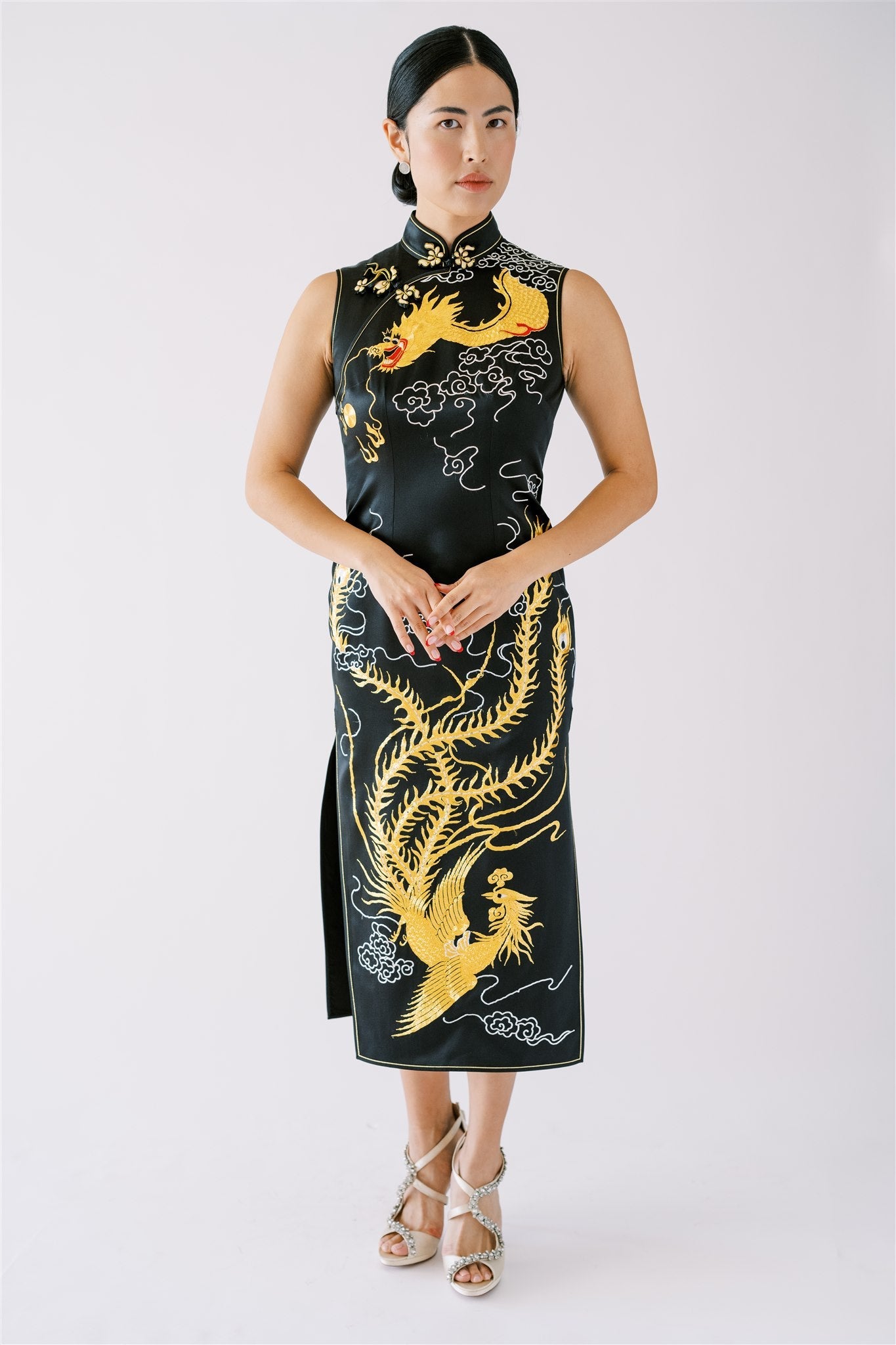 Black mandarin collar Qipao with gold Dragon, Phoenix, and silver Cloud