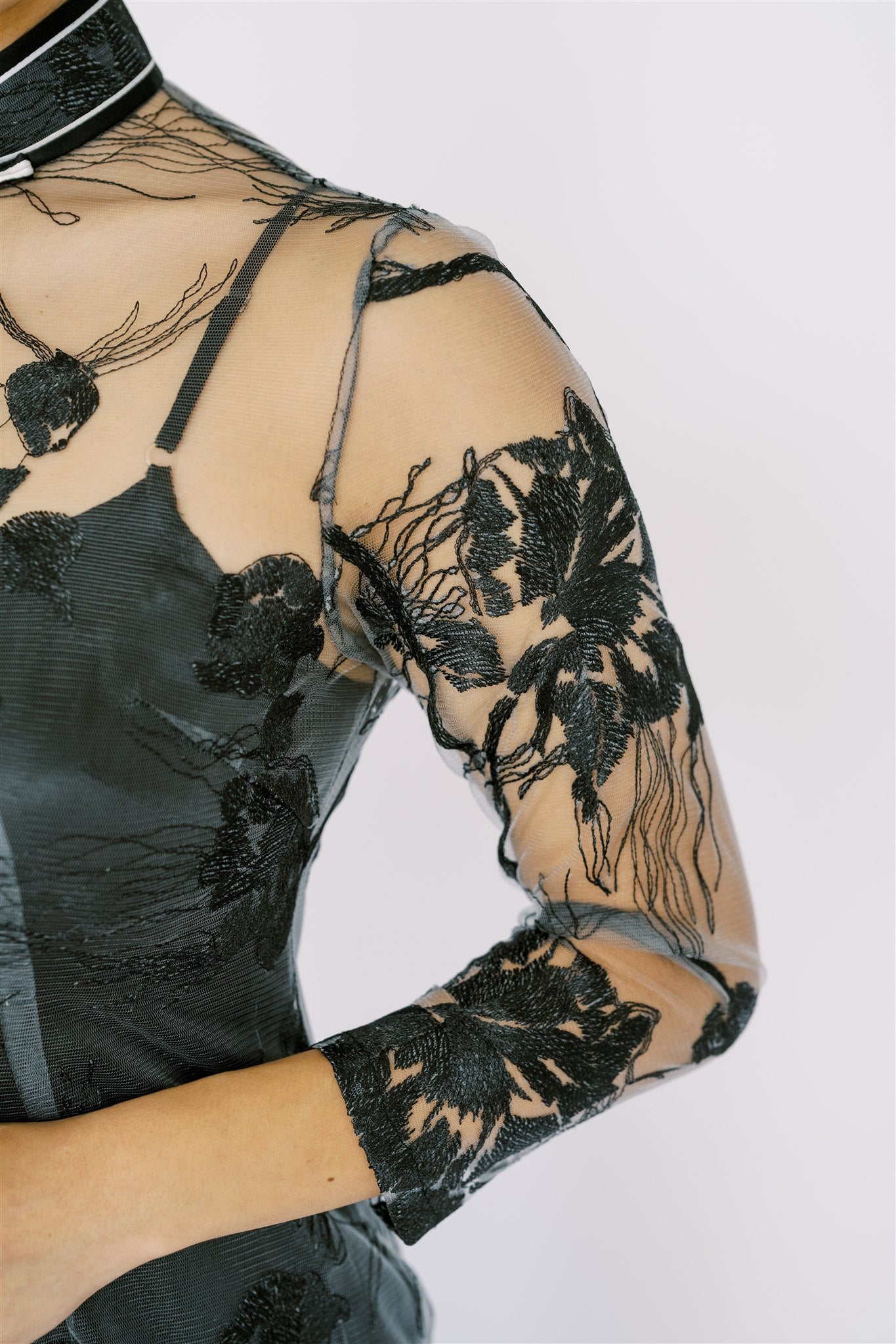 Black Qipao long sleeves lace details