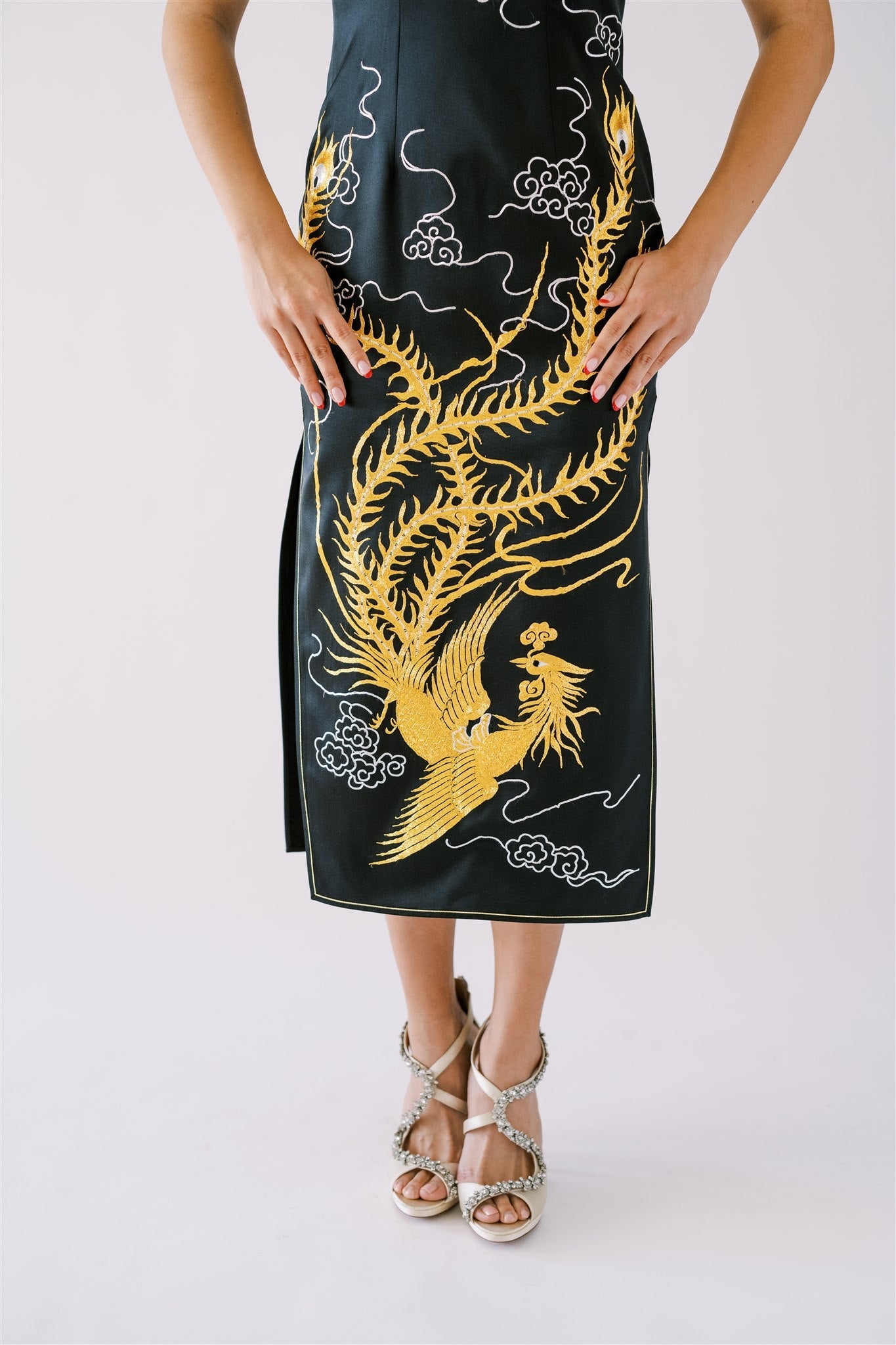 Panjin Embroidered Dragon, Phoenix, and Cloud on black silk Qipao