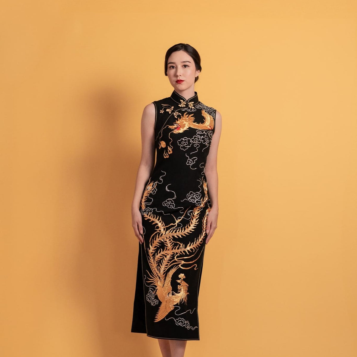 Black Silk Cheongsam – Dragon & Phoenix Embroidery