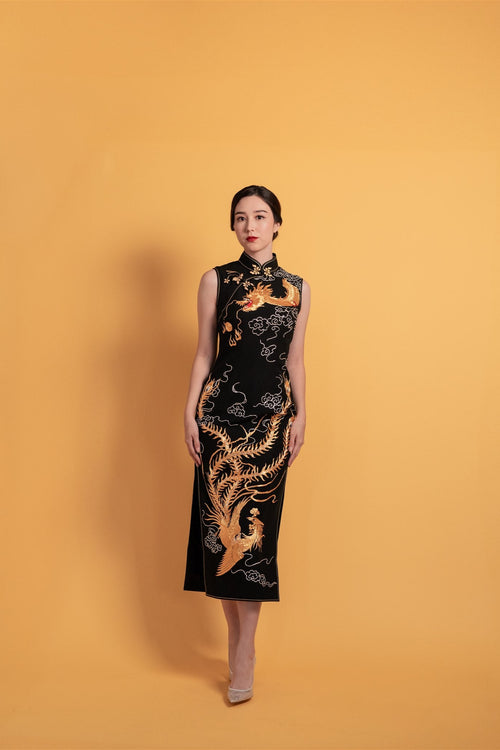 Black silk Cheongsam with gold dragon and silver phoenix embroidery, front view.